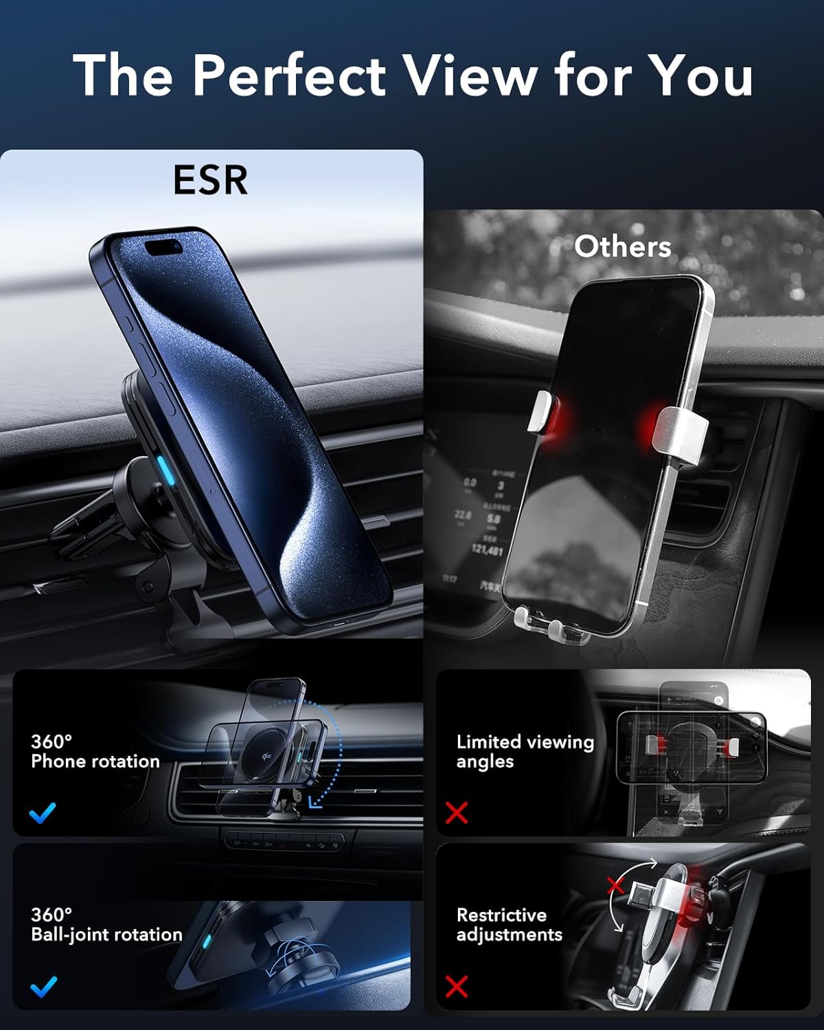 ESR for Qi2-Certified 15W MagSafe Car Mount Charger with CryoBoost, Phone Cooling MagSafe Car Charger, Air Vent/Dashboard Wireless Car Charger for iPhone 16/15/14/13/12, Fast Charger, Black
