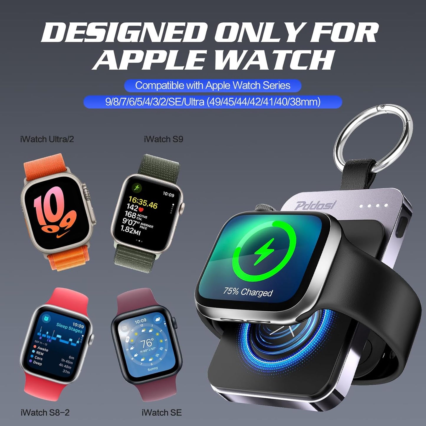 Pddosi Portable Wireless Charger Compatible for Apple Watch Series 10/9/8/UItra/7/6/5/4/3/2/SE, 1500mAh Portable iWatch Charger Travel, Magnetic Portable Watch Charger Keychain with USB C (Pink)