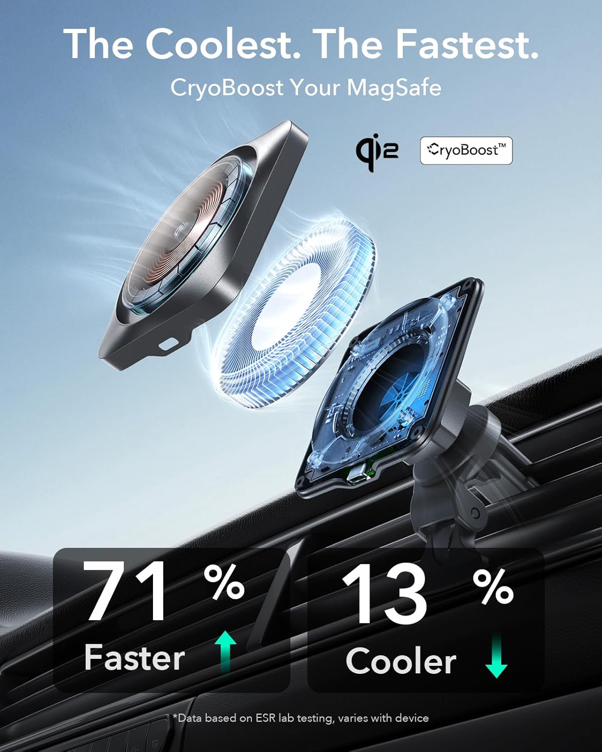 ESR for Qi2-Certified 15W MagSafe Car Mount Charger with CryoBoost, Phone Cooling MagSafe Car Charger, Air Vent/Dashboard Wireless Car Charger for iPhone 16/15/14/13/12, Fast Charger, Black