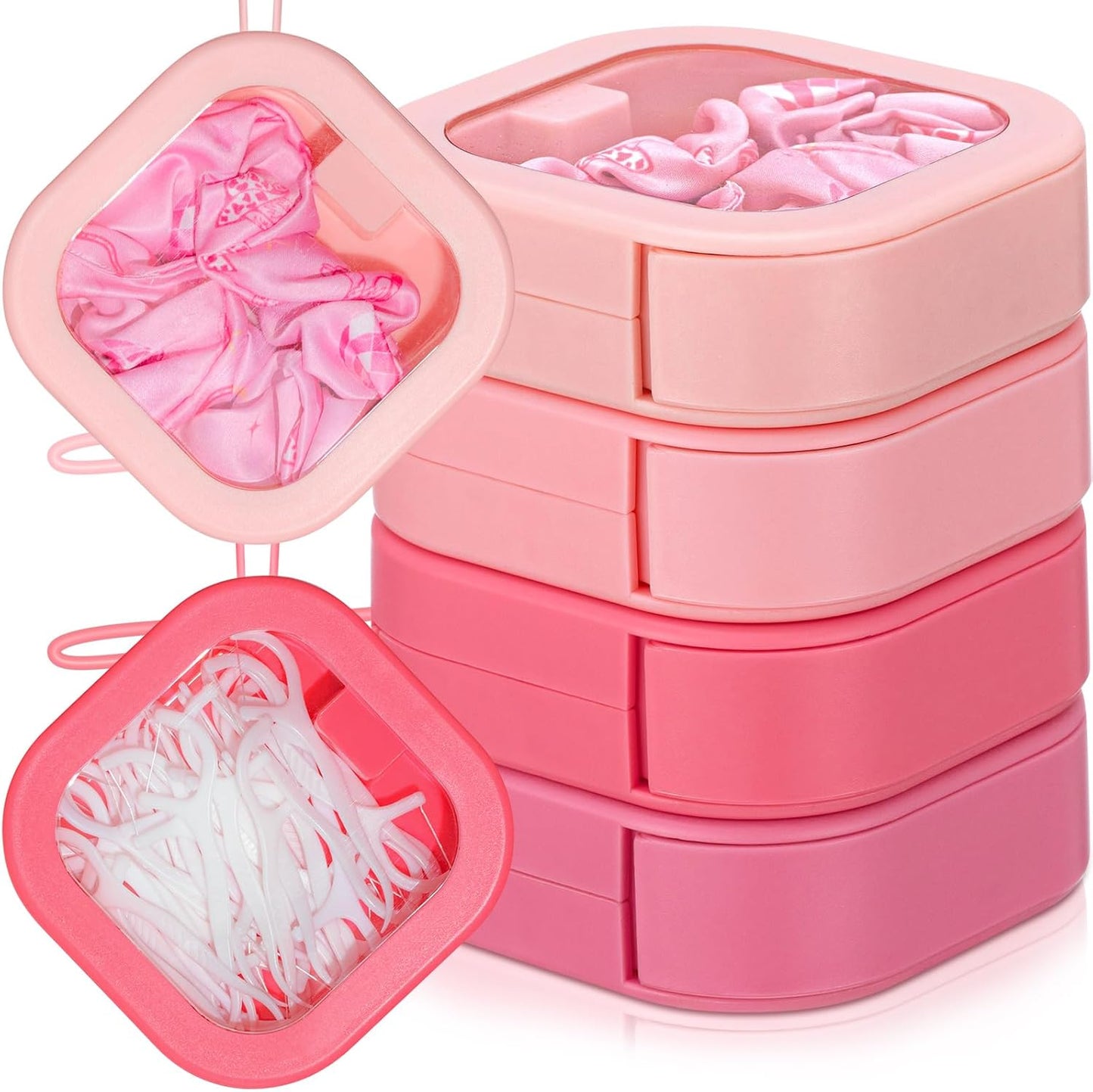 Kathfly 4 Pcs White Hair Tie Organizer Portable Hair Accessory Storage Containers Stackable Hair Tie Bobby Pin Holder Home Cotton Swab Dispenser Hair Accessories Jewelry Organizer Box