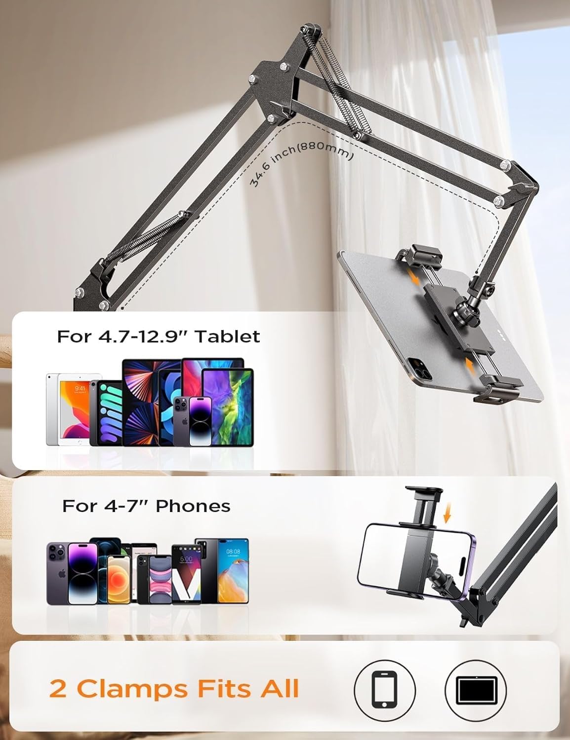 LISEN Tablet Stand Phone Holder iPad Holder for Desk Mount[Ultra Sturdy] 2 Clamps Kindle Holder for Bed Gooseneck Phone Tablet Holder Mount Phone Stand fits iPhone iPad Mini 7 Kindle 4-13&#34; Device