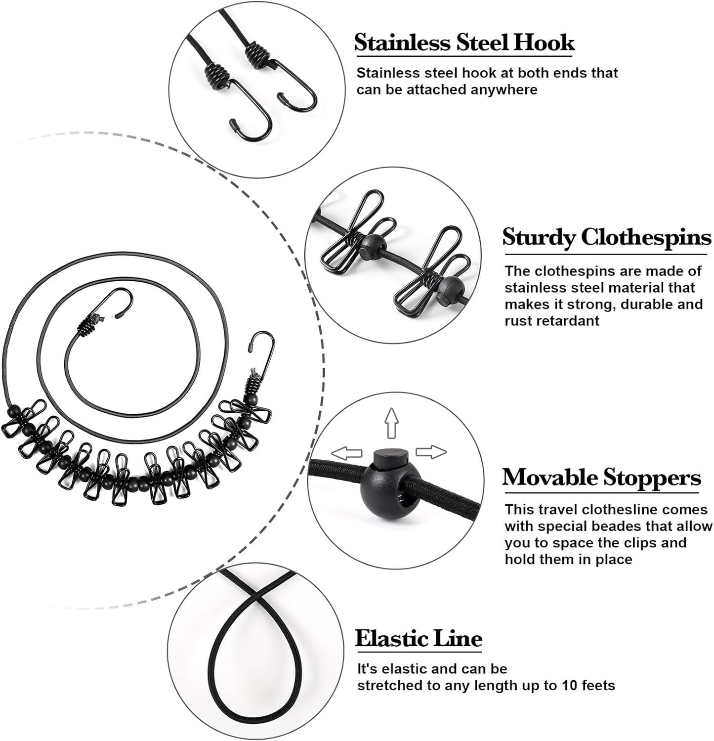 HAWATOUR Travel Clothesline, Portable Retractable Clothesline with 12pcs Clothespins for Indoor Laundry Drying, Outdoor Camping Accessories, Black