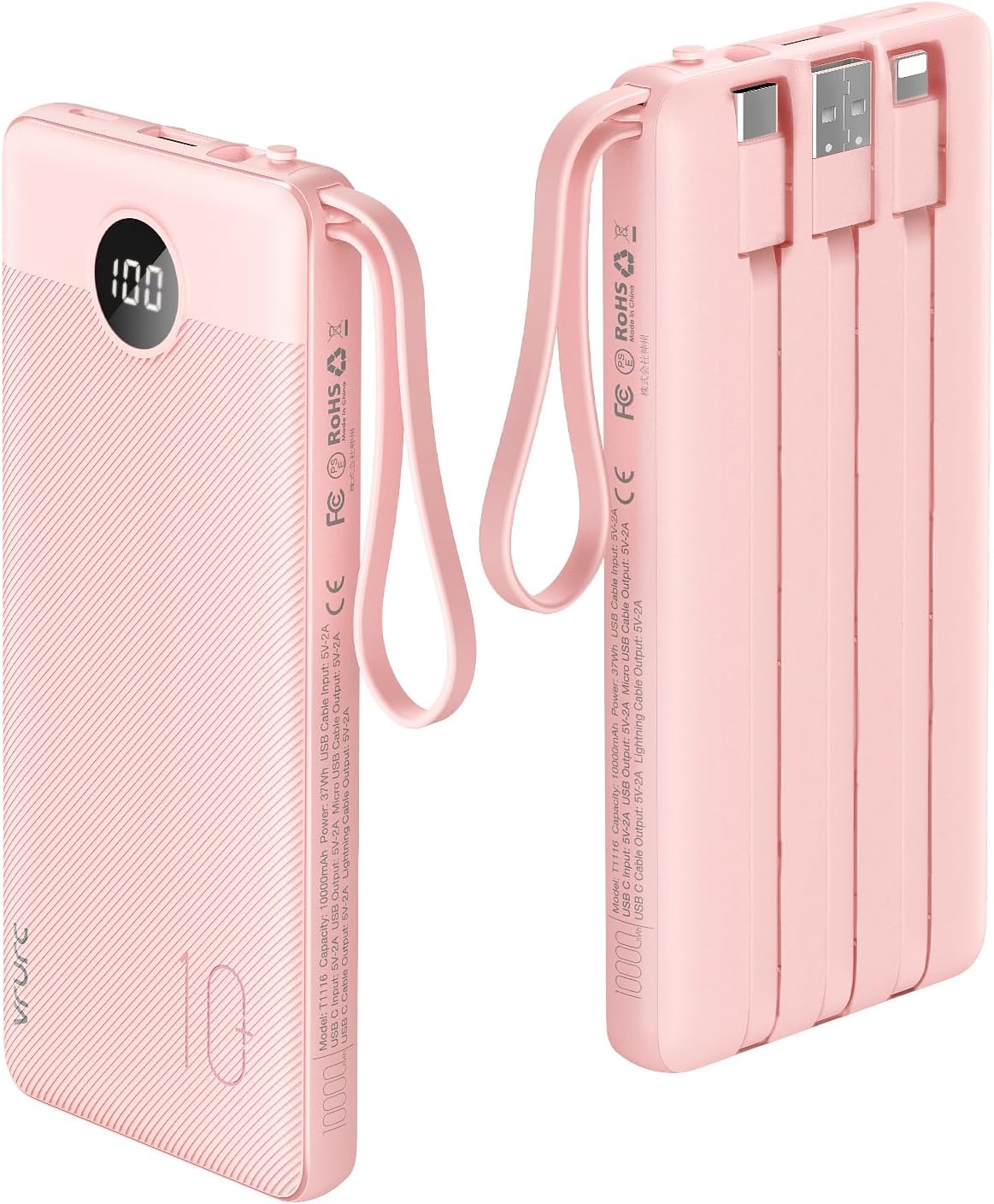 VRURC 10000mAh Power Bank Built-in Cables, Portable Charger with LED Display, Slim Travel Battery Pack with Cords, 5 Output Dual Input Phone Charger for Cell Phone Smart Devcies-Blue(1 Pack)