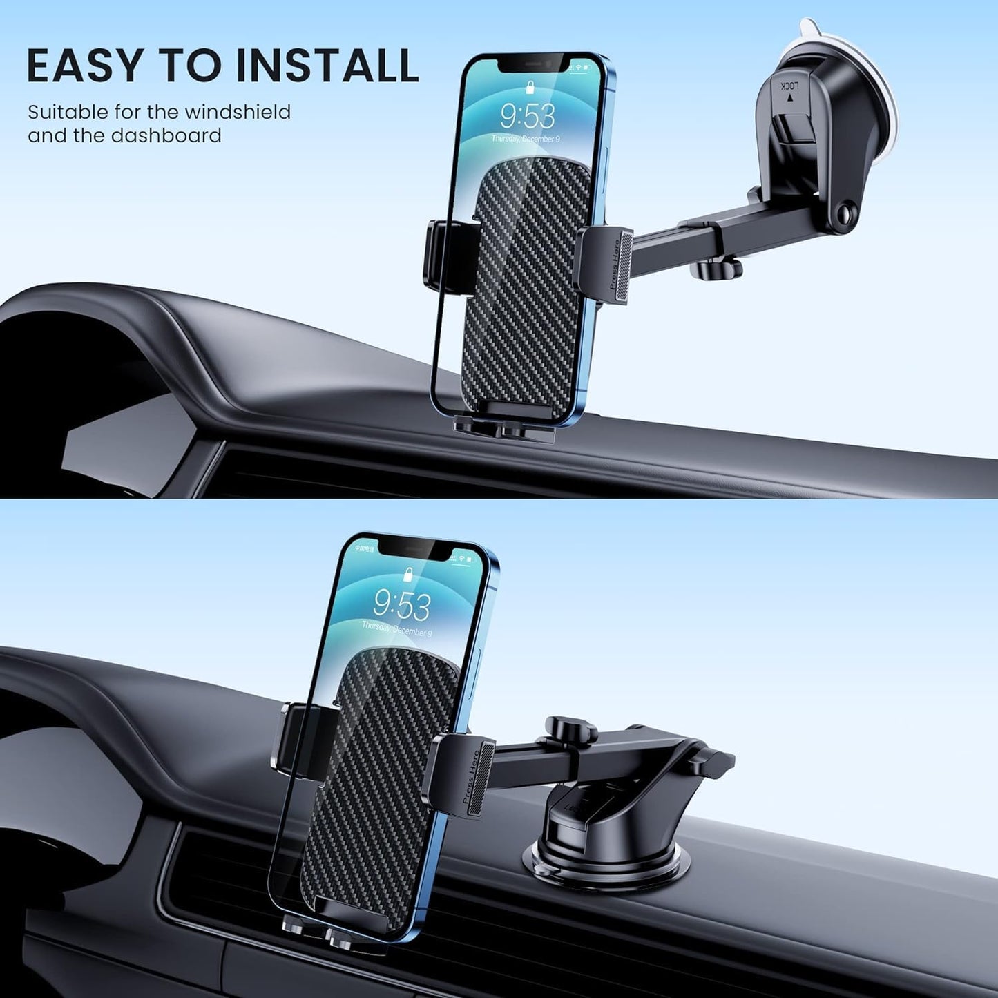 Qifutan Car Phone Holder Mount Phone Mount for Car Windshield Dashboard Air Vent Universal Hands Free Automobile Cell Phone Holder Fit for iPhone Smartphone Carbon Fiber