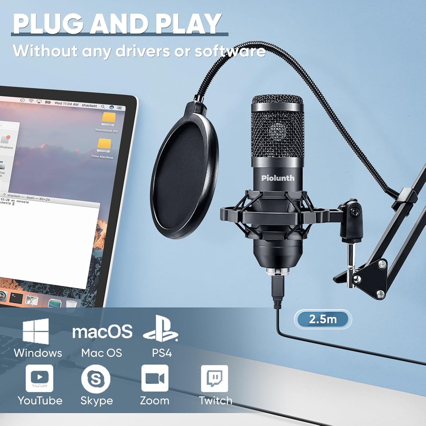USB Microphone, Professional 192kHz/24Bit Plug &amp; Play PC Computer Condenser Cardioid Mic Kit with Sound Advanced Chipset, for Streaming, Podcast, Studio Recording and Games