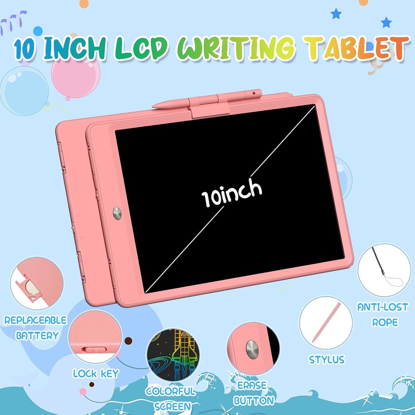 PYTTUR LCD Writing Tablet for Kids 10 Inch Colorful Toddler Drawing Tablet Reusable Doodle Board Electronic Drawing Pads Educational and Learning Kids Toys for Girls(Pink)