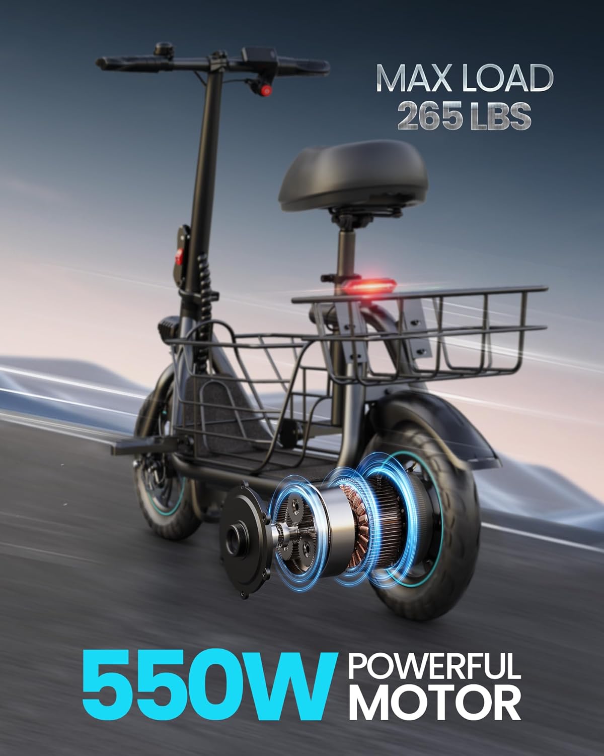 Gyroor Adults Electric Scooter with Large Middle Basket, 550W Motor 18.6 MPH 20 Mile Distance, Foldable E-Scooter with seat for Pets &amp; Cargo