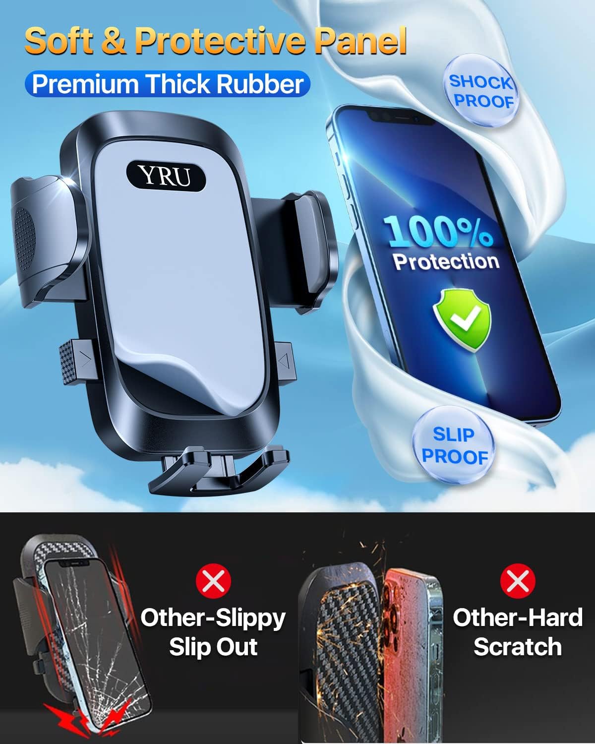 [2024 Upgrade 80LBS Strong Suction]YRU Car Phone Holder Mount,[Bumpy Road Stable]Dashboard Cell Phone Holder for Car Air Vent Windshield Phone Stand for iPhone 15 14 13 12 Pro Max Samsung Truck, Black