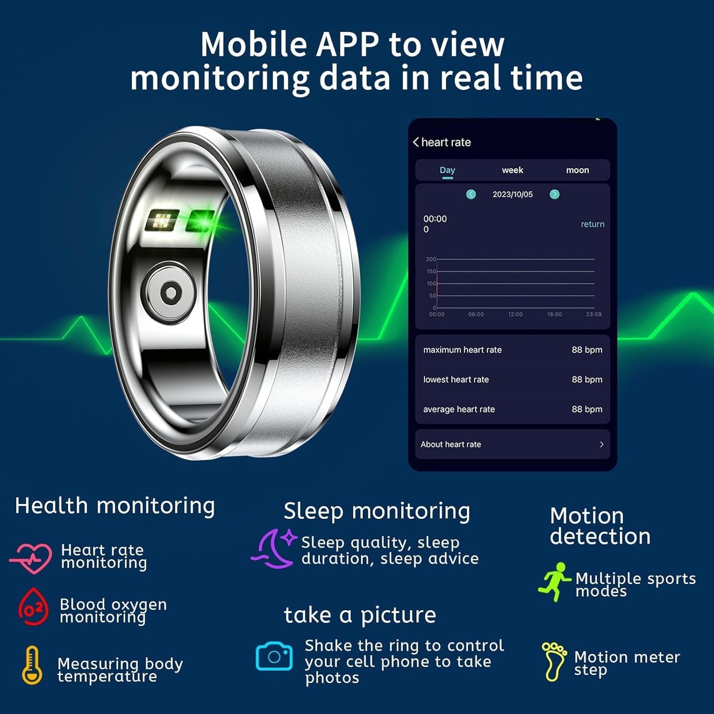 Smart Ring,Fitness Tracker Ring for Men/Women,Monitoring of Pedometer,Heart Rate,Blood Oxygen,Sleep Tracker,No App Subscription,Compatible with Android and iOS (Black,9#)
