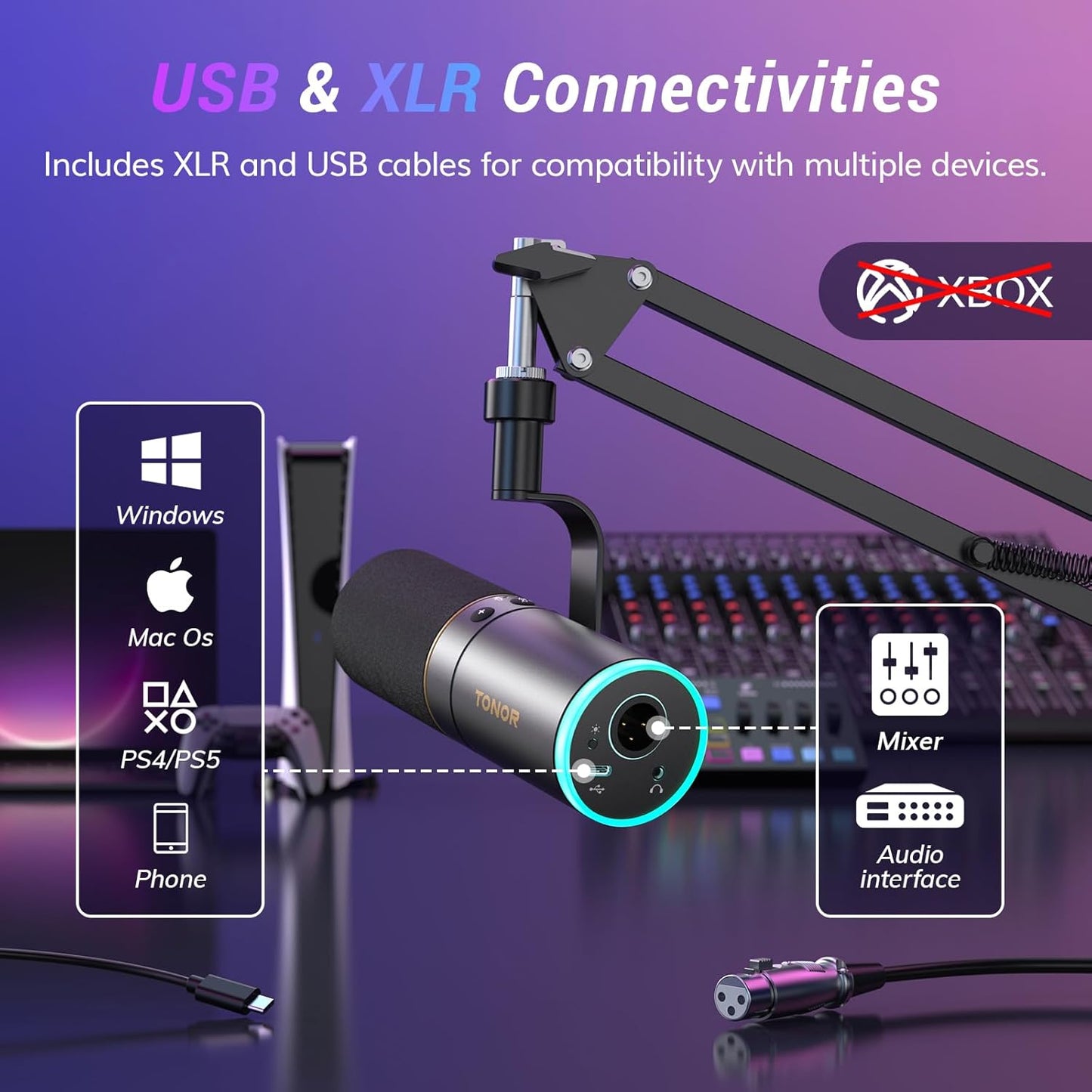 TONOR XLR/USB Gaming Microphone Kit, RGB Dynamic PC Mic for Streaming Podcasting with Low Profile Boom Arm, Metal Recording Mic with Gain Control, Mute, Monitoring for Mac Android Tablet PS4/5 TD520S