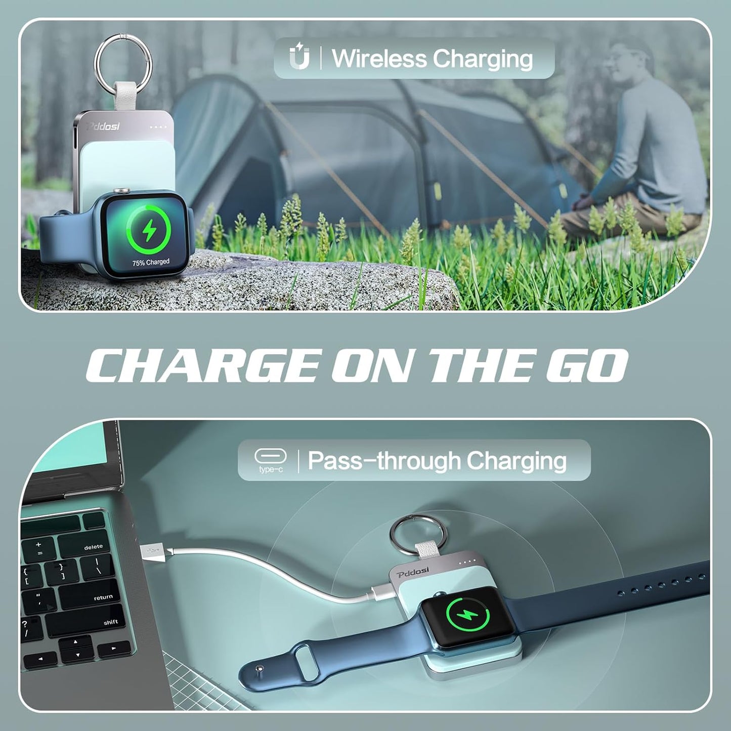 Pddosi Portable Wireless Charger Compatible for Apple Watch Series 10/9/8/UItra/7/6/5/4/3/2/SE, 1500mAh Portable iWatch Charger Travel, Magnetic Portable Watch Charger Keychain with USB C (Pink)