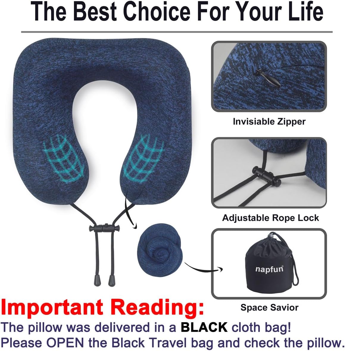 napfun Neck Pillow for Traveling, Upgraded Travel Neck Pillow for Airplane 100% Pure Memory Foam Travel Pillow for Flight Headrest Sleep, Portable Plane Accessories, Striped Black