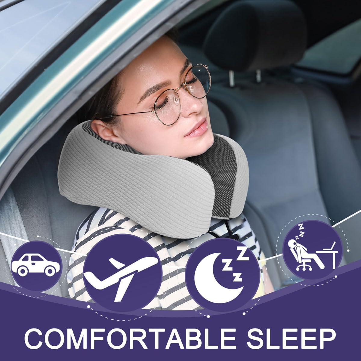 napfun Neck Pillow for Traveling, Upgraded Travel Neck Pillow for Airplane 100% Pure Memory Foam Travel Pillow for Flight Headrest Sleep, Portable Plane Accessories, Striped Black