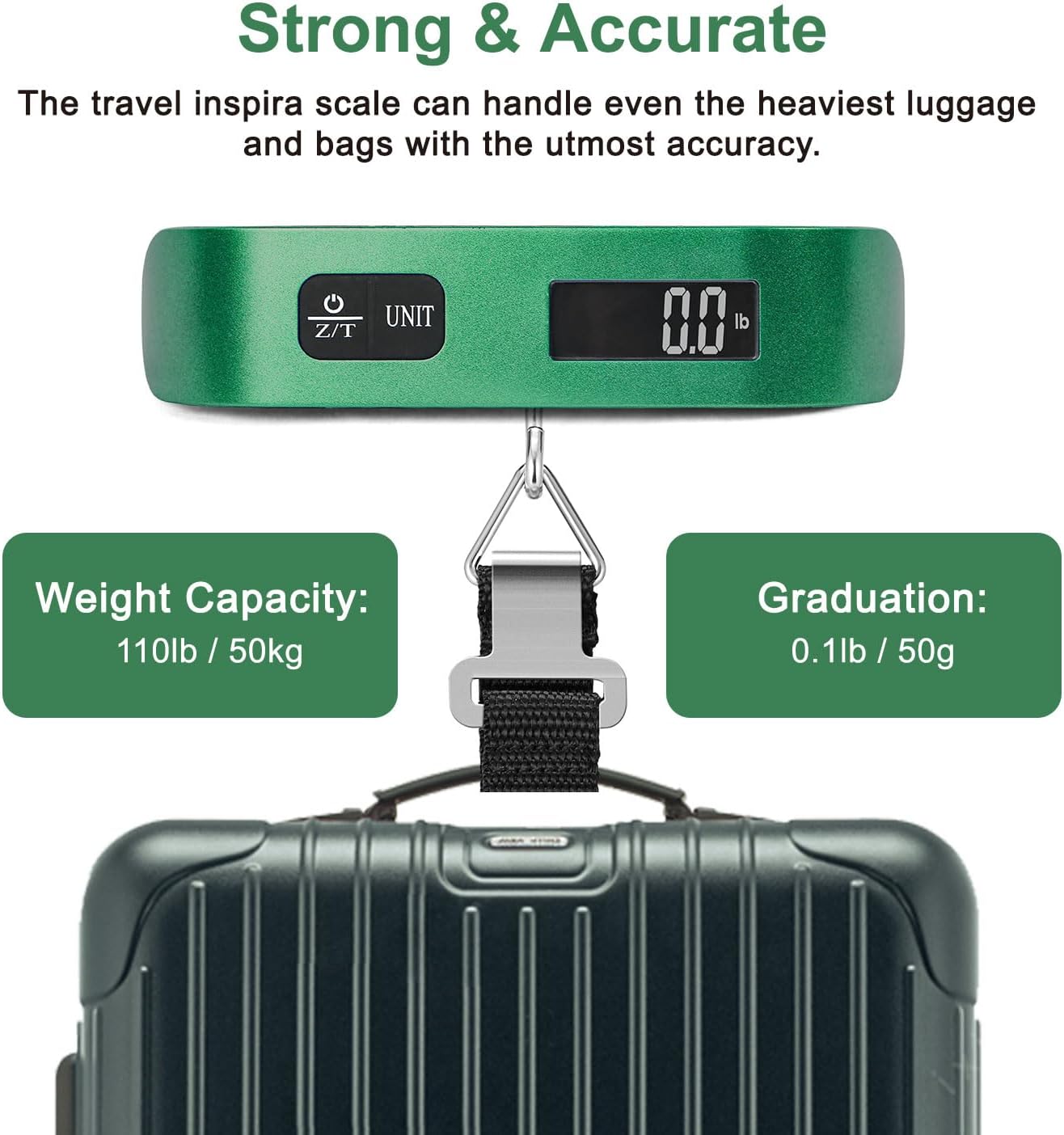 travel inspira Luggage Scale, Portable Digital Hanging Baggage Scale for Travel, Suitcase Weight Scale with Rubber Paint, 110 Pounds, Battery Included