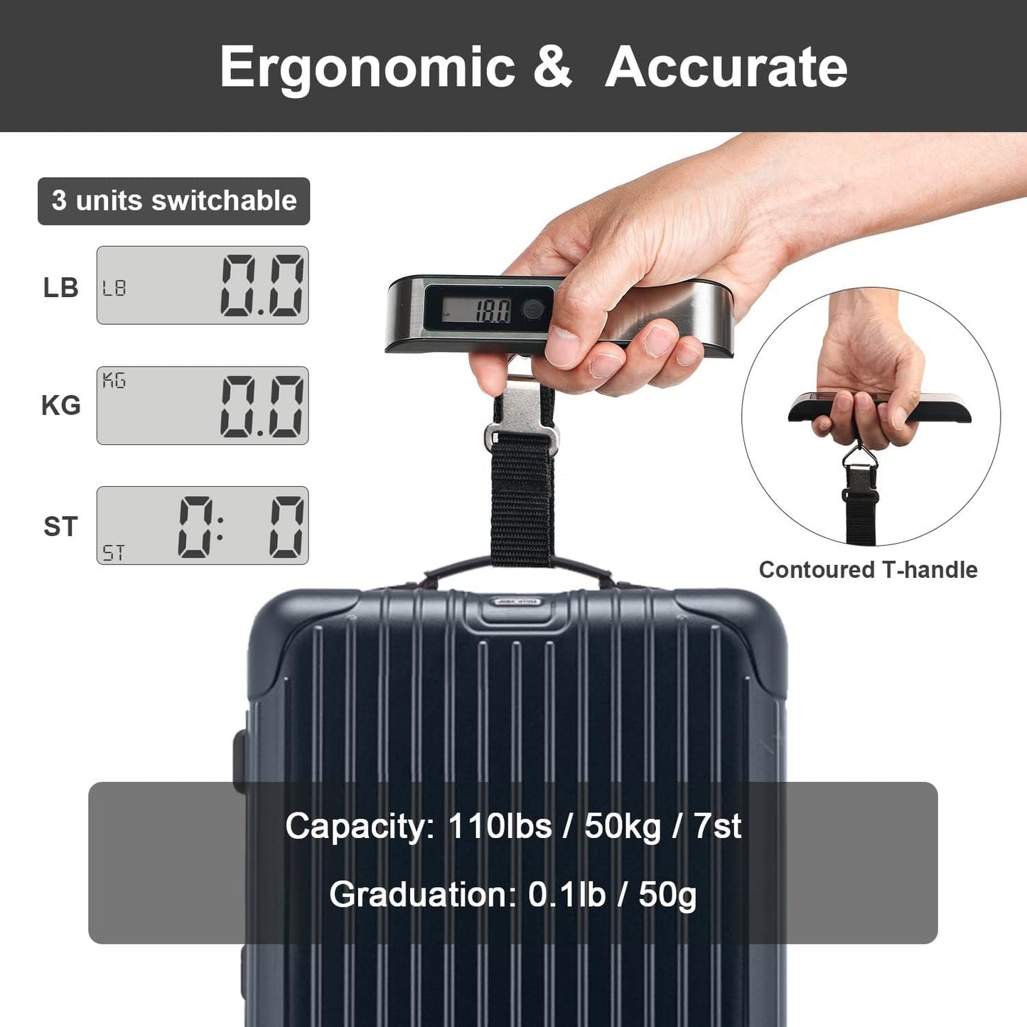 travel inspira Luggage Scale, Portable Digital Hanging Baggage Scale for Travel, Suitcase Weight Scale with Rubber Paint, 110 Pounds, Battery Included