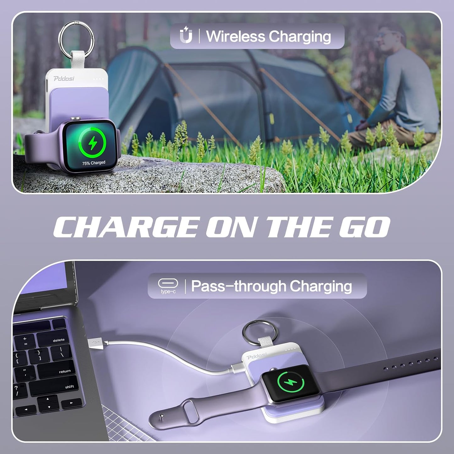 Pddosi Portable Wireless Charger Compatible for Apple Watch Series 10/9/8/UItra/7/6/5/4/3/2/SE, 1500mAh Portable iWatch Charger Travel, Magnetic Portable Watch Charger Keychain with USB C (Pink)