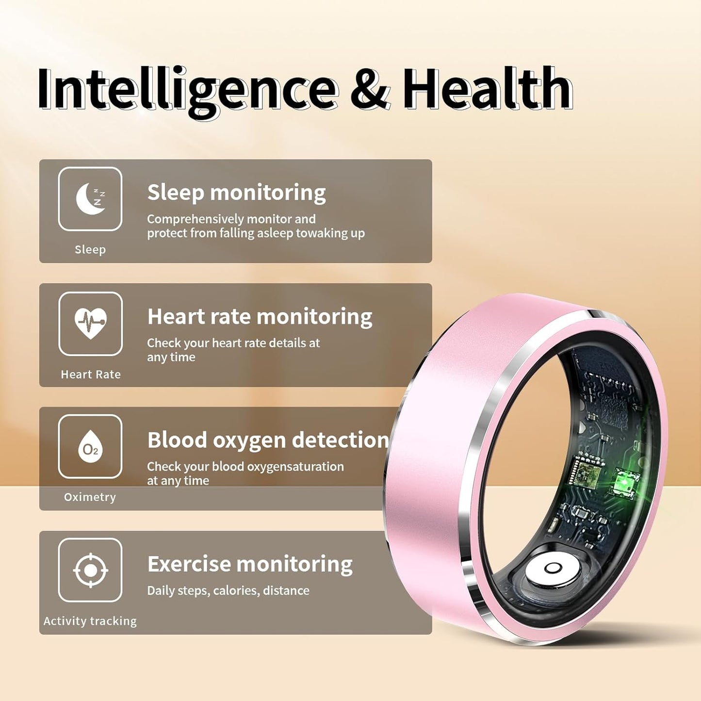 Smart Ring,Fitness Tracker Ring for Men/Women,Monitoring of Pedometer,Heart Rate,Blood Oxygen,Sleep Tracker,No App Subscription,Compatible with Android and iOS (Black,9#)
