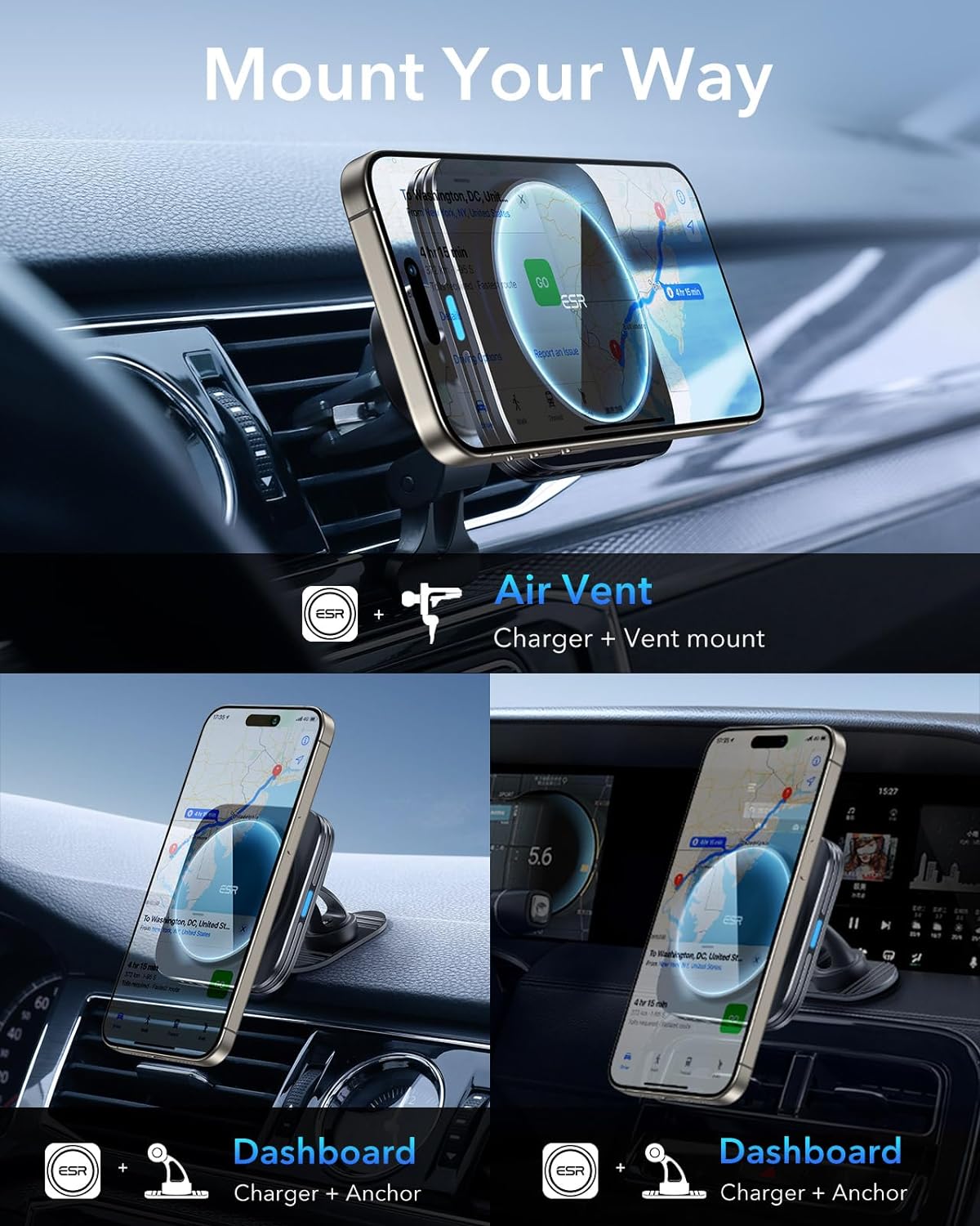 ESR for Qi2-Certified 15W MagSafe Car Mount Charger with CryoBoost, Phone Cooling MagSafe Car Charger, Air Vent/Dashboard Wireless Car Charger for iPhone 16/15/14/13/12, Fast Charger, Black