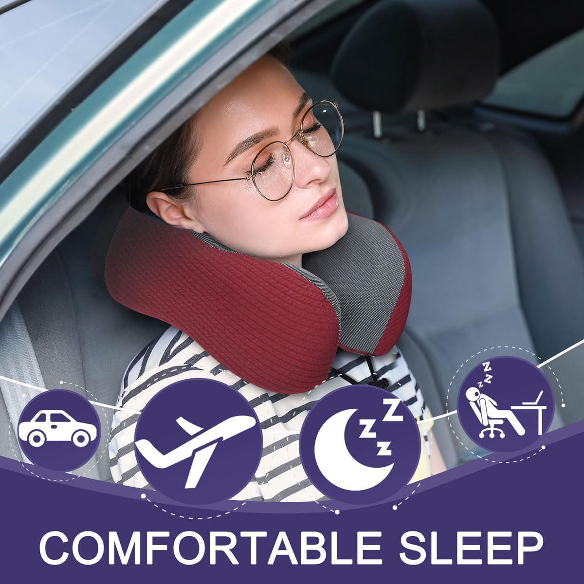 napfun Neck Pillow for Traveling, Upgraded Travel Neck Pillow for Airplane 100% Pure Memory Foam Travel Pillow for Flight Headrest Sleep, Portable Plane Accessories, Striped Black
