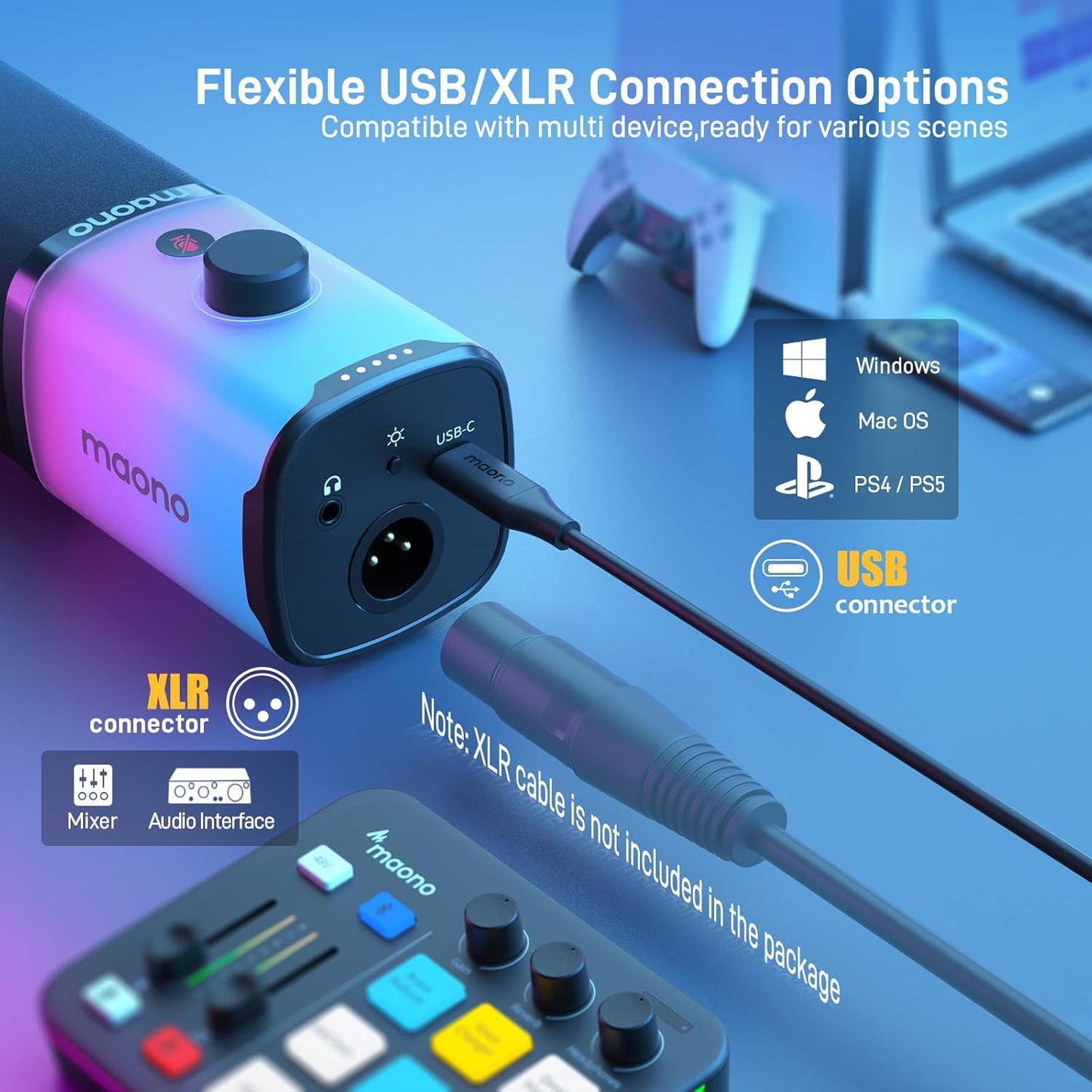 MAONO XLR/USB Gaming Microphone with Software, Dynamic PC Microphone with RGB for Streaming Podcast Vocal Recording, Computer Mic with Noise Cancellation, Mute Button, Gain Knob, Desktop Stand PD100X
