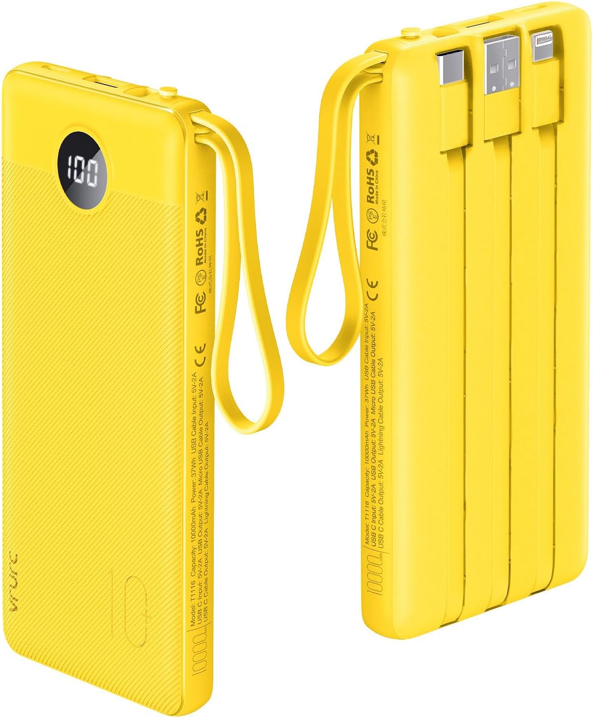 VRURC 10000mAh Power Bank Built-in Cables, Portable Charger with LED Display, Slim Travel Battery Pack with Cords, 5 Output Dual Input Phone Charger for Cell Phone Smart Devcies-Blue(1 Pack)