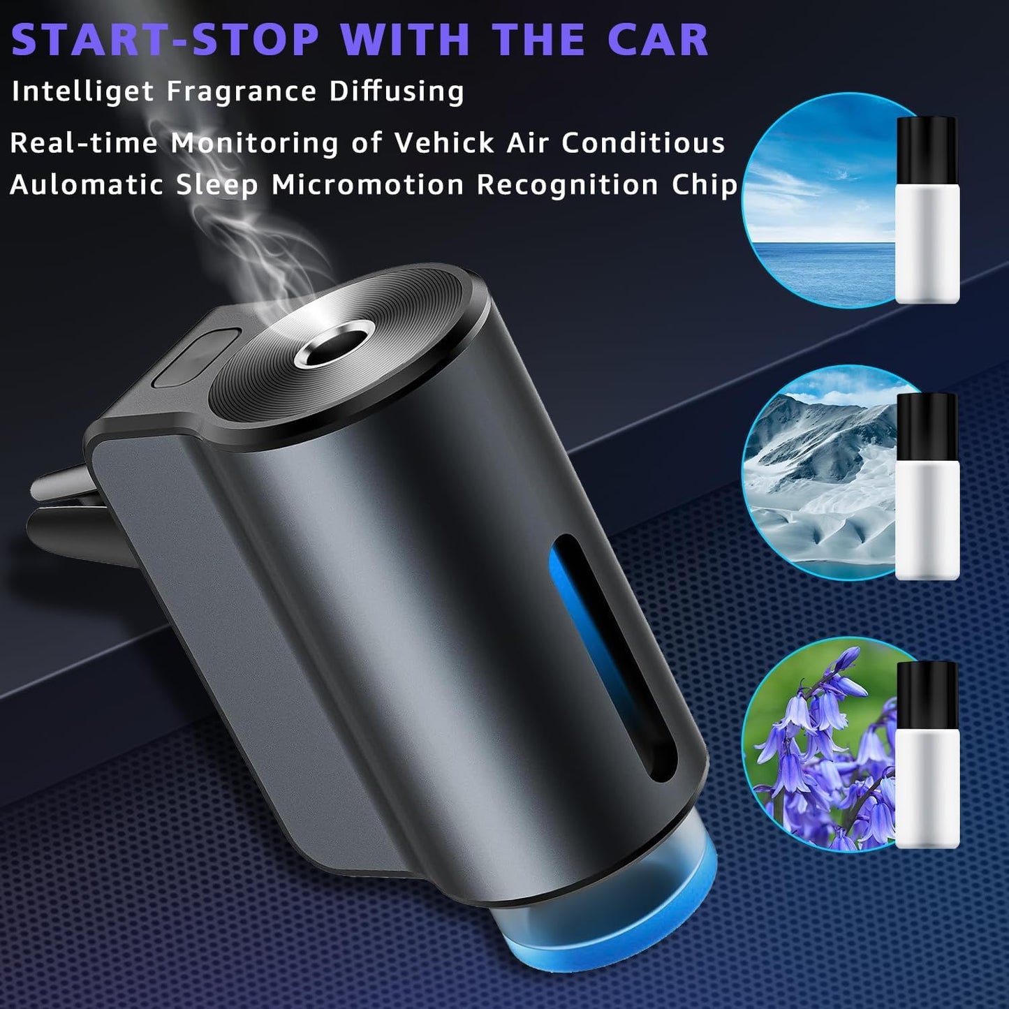 Smart Car Air Freshener, 3 Levels of Adjustable Intensity, Aroma Rechargeable Aroma Diffuser, Adjustable Aroma Diffuser, 220mAh Built-in， Fresh Intense Ocean Perfume
