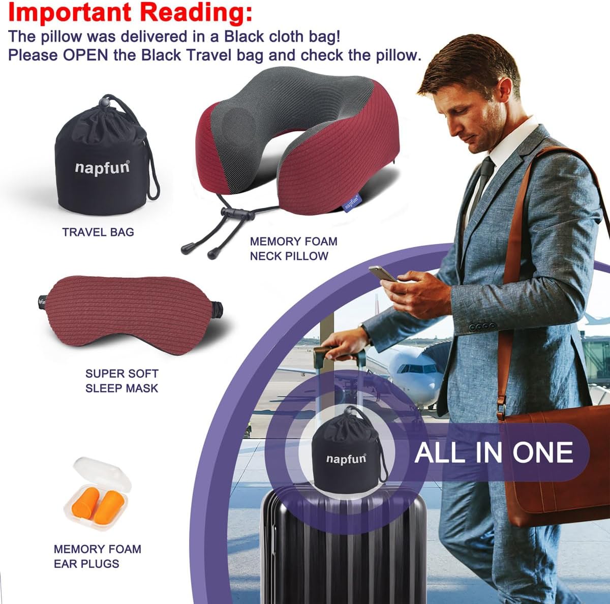 napfun Neck Pillow for Traveling, Upgraded Travel Neck Pillow for Airplane 100% Pure Memory Foam Travel Pillow for Flight Headrest Sleep, Portable Plane Accessories, Striped Black
