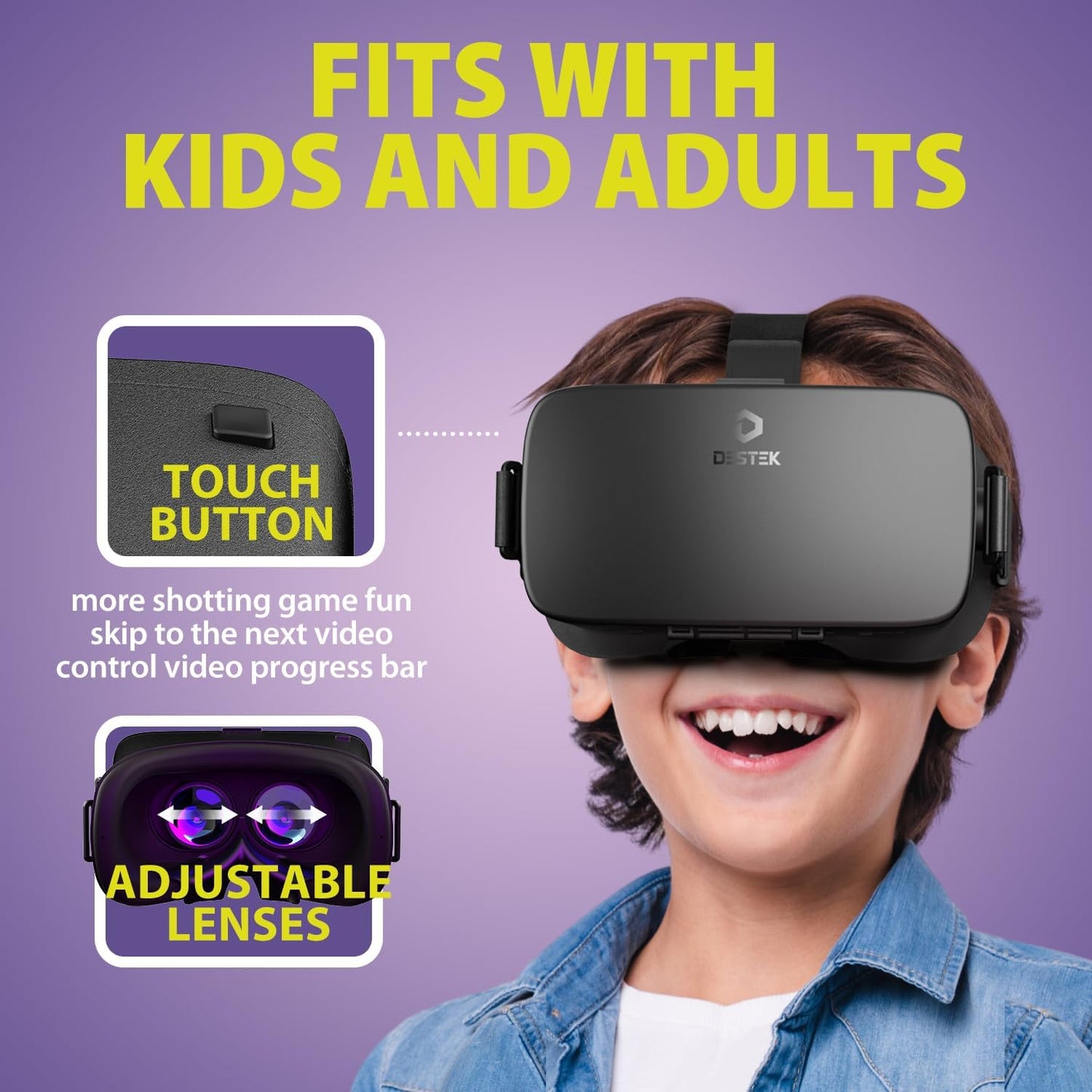 DESTEK V5 VR Headset for Phone, 110° FOV VR Goggles, Eyes Protected Anti-Blue HD Lenses Virtual Reality Headsets for iPhone 15/14/13/12/11, Samsung, Android - Black