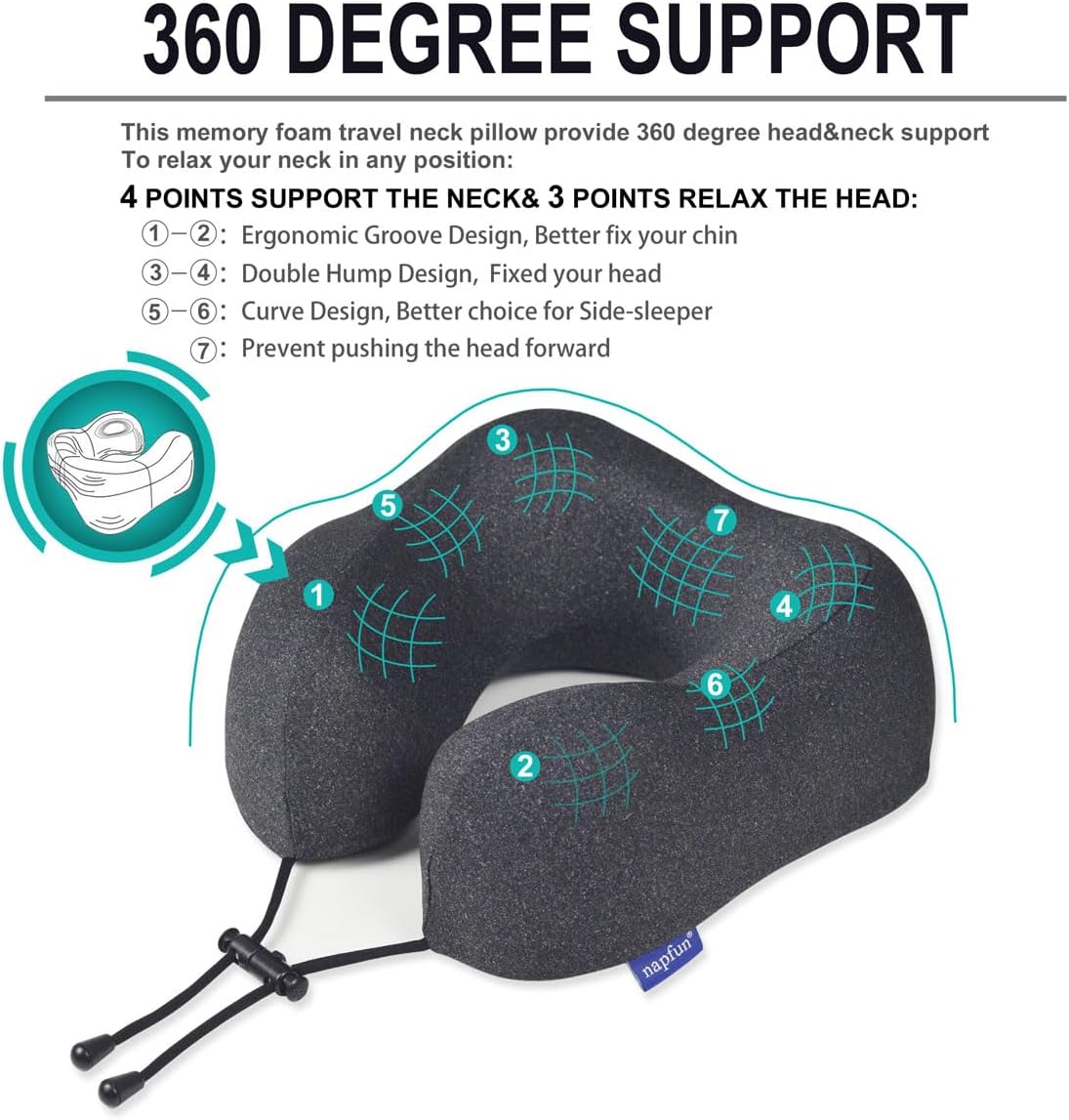 napfun Neck Pillow for Traveling, Upgraded Travel Neck Pillow for Airplane 100% Pure Memory Foam Travel Pillow for Flight Headrest Sleep, Portable Plane Accessories, Striped Black