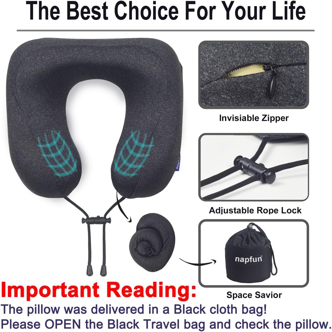 napfun Neck Pillow for Traveling, Upgraded Travel Neck Pillow for Airplane 100% Pure Memory Foam Travel Pillow for Flight Headrest Sleep, Portable Plane Accessories, Striped Black