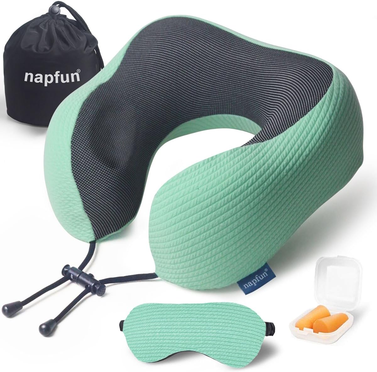 napfun Neck Pillow for Traveling, Upgraded Travel Neck Pillow for Airplane 100% Pure Memory Foam Travel Pillow for Flight Headrest Sleep, Portable Plane Accessories, Striped Black
