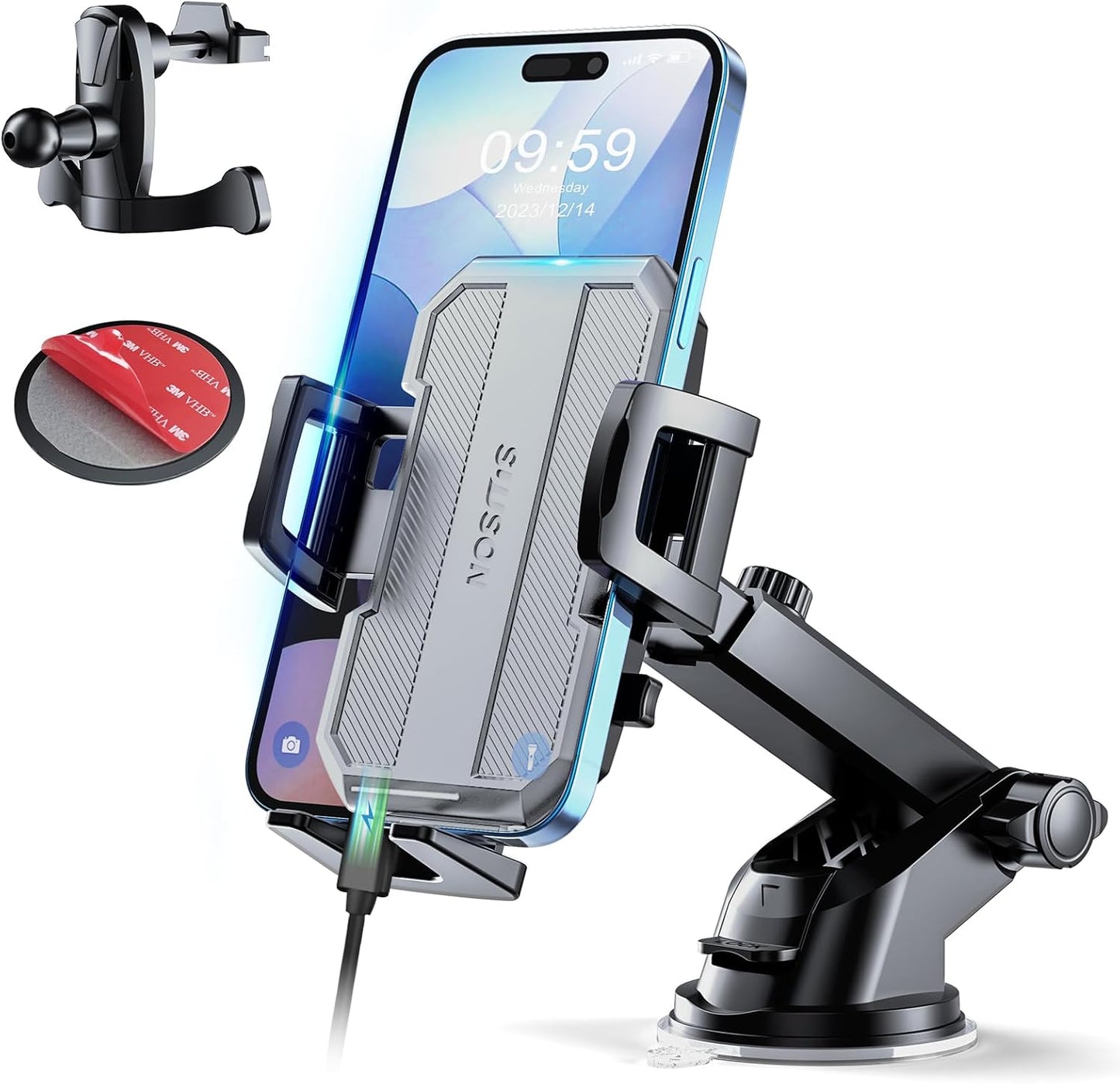SUUSON Upgraded 3-in-1 Car Phone Holder Mount [Powerful Suction] Phone Mount for Car Dashboard Air Vent Windshield,for All iPhone Android Phone (Black)
