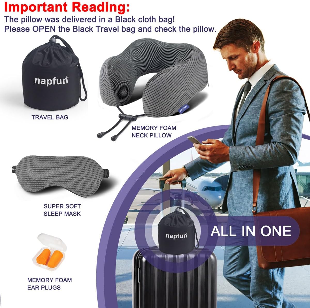 napfun Neck Pillow for Traveling, Upgraded Travel Neck Pillow for Airplane 100% Pure Memory Foam Travel Pillow for Flight Headrest Sleep, Portable Plane Accessories, Striped Black