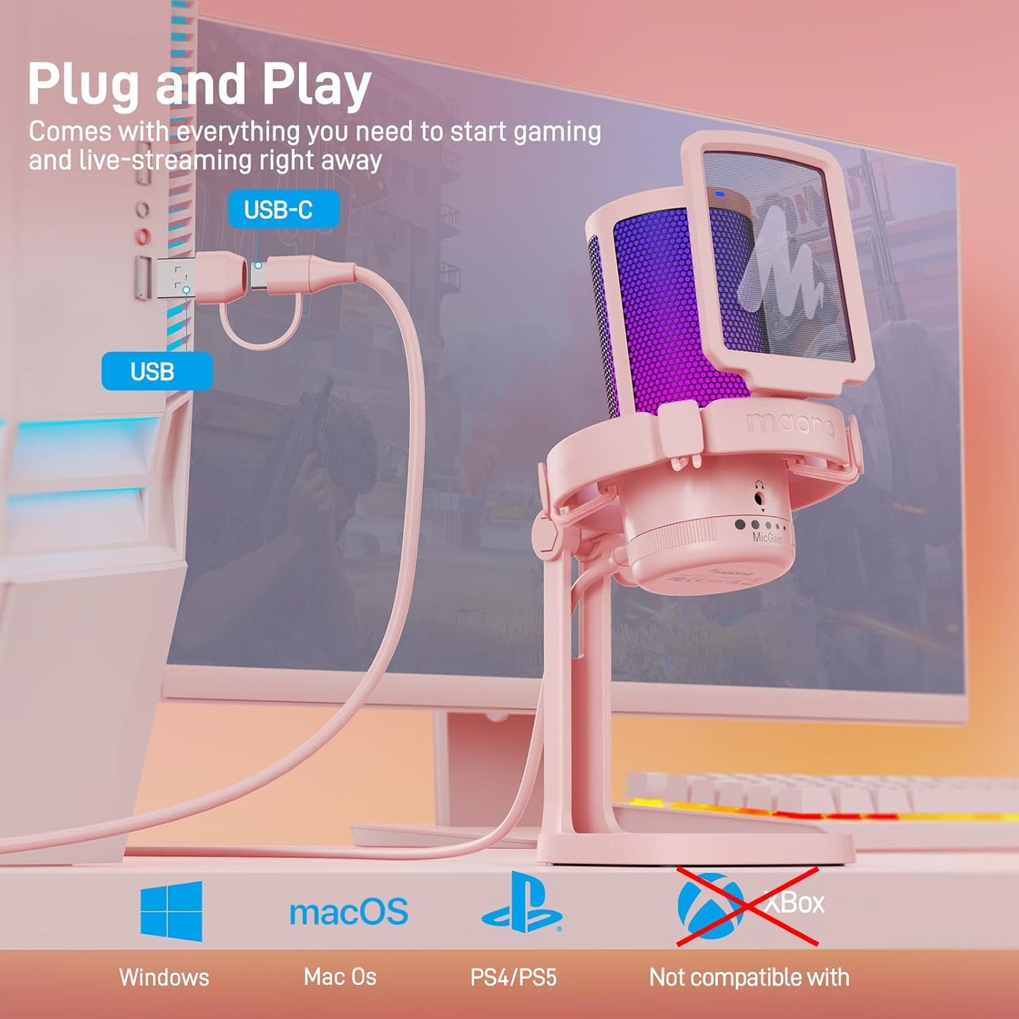 MAONO USB Gaming Microphone for PC, Noise Cancellation Condenser Mic with RGB Lights, Mute, Gain for Streaming, Recording, Podcast, Chat, Twitch, YouTube, Discord, Computer, PS5, PS4, GamerWave