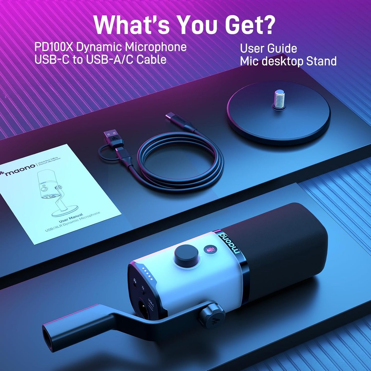 MAONO XLR/USB Gaming Microphone with Software, Dynamic PC Microphone with RGB for Streaming Podcast Vocal Recording, Computer Mic with Noise Cancellation, Mute Button, Gain Knob, Desktop Stand PD100X
