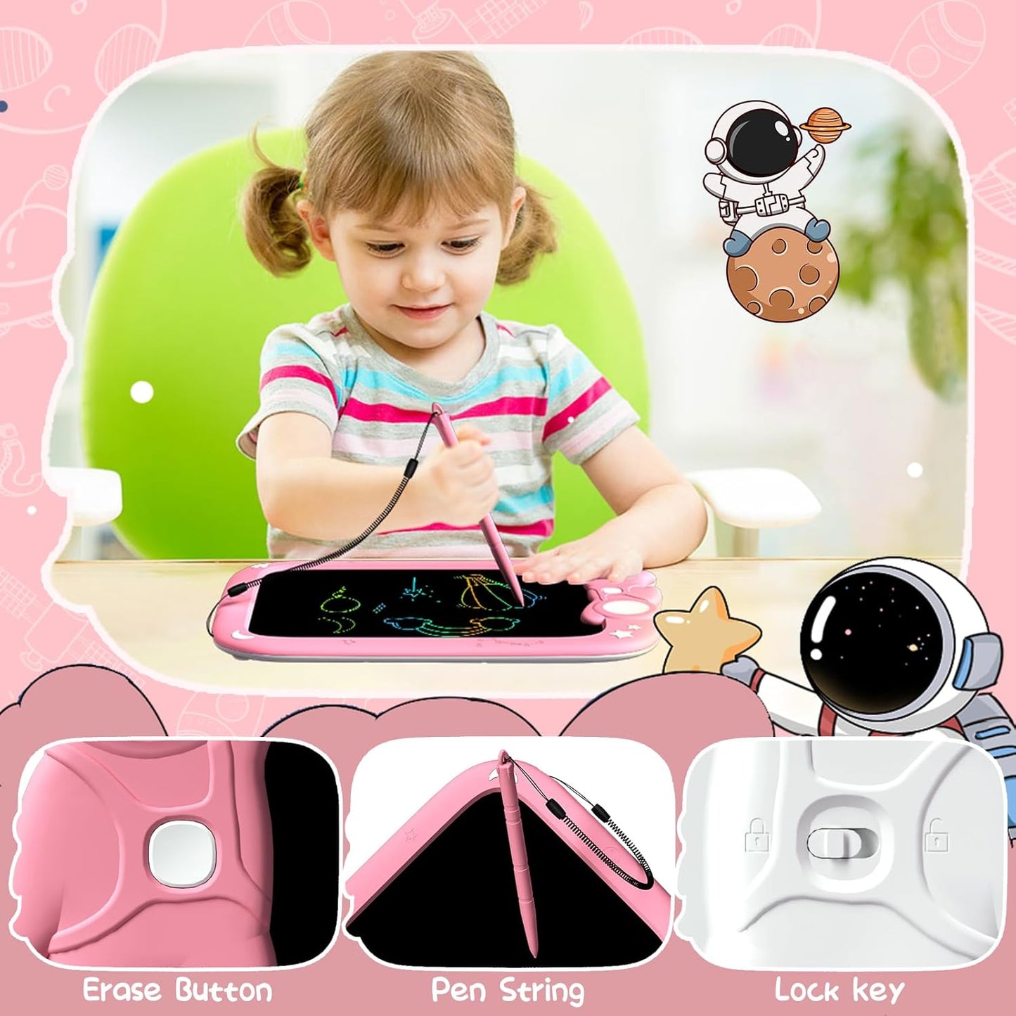 PYTTUR LCD Writing Tablet for Kids 10 Inch Colorful Toddler Drawing Tablet Reusable Doodle Board Electronic Drawing Pads Educational and Learning Kids Toys for Girls(Pink)