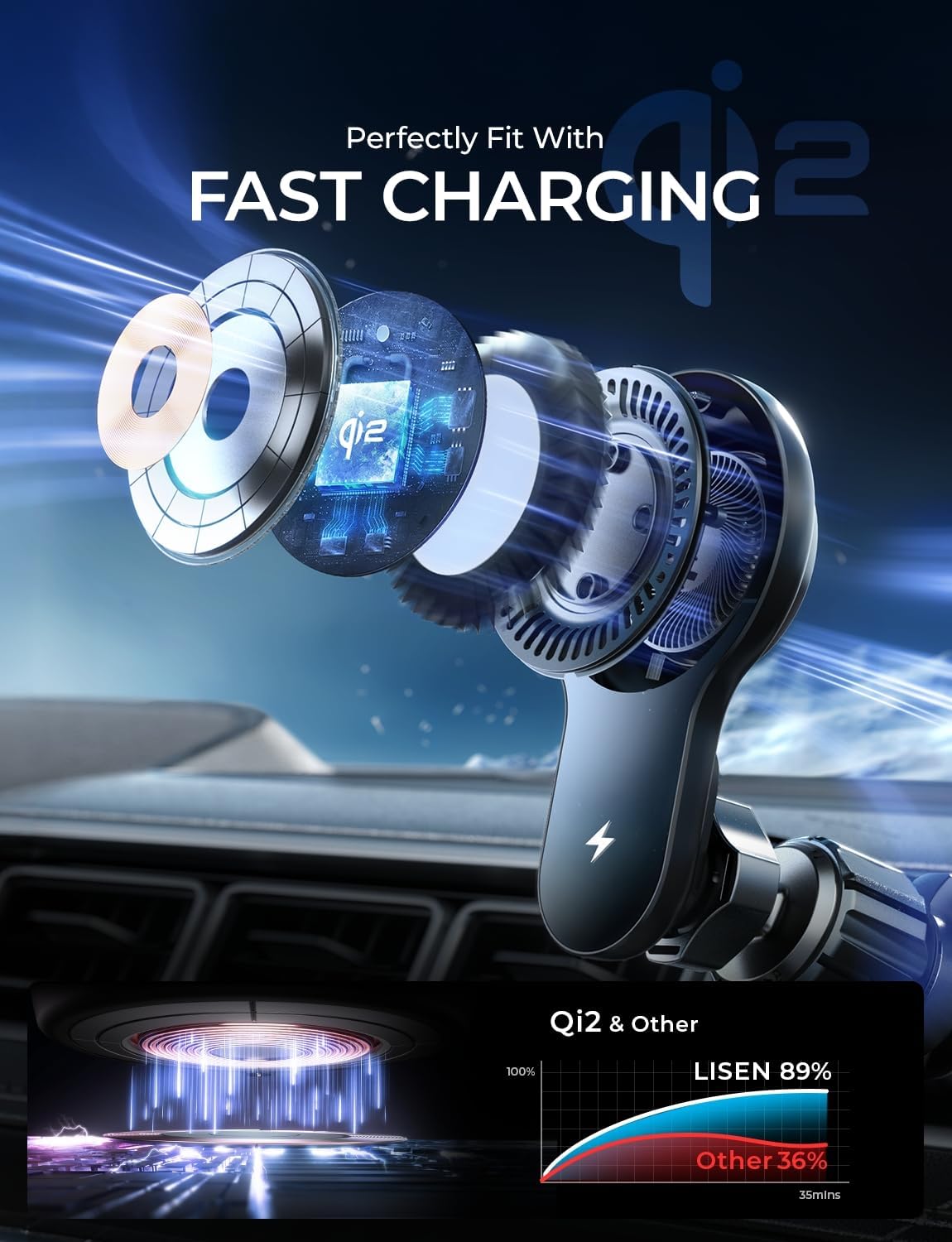 LISEN for Qi2 MagSafe Car Mount Charger, 15W QI2 Wireless Car Charger, Cooling with MagSafe Charger Car Mount Phone Holders for Your Car, Magnetic Car Charger for iPhone 16 Pro Max Plus 15/14/13 Mini