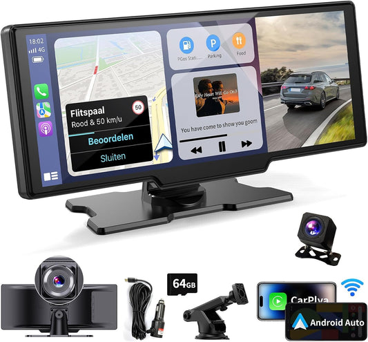Wireless Portable Carplay Screen for Car - 10.26Inch Carplay &amp; Android Auto Car Touch Stereo, with 4K Dash Cam, Backup Camera,Bluetooth,GPS Navigation