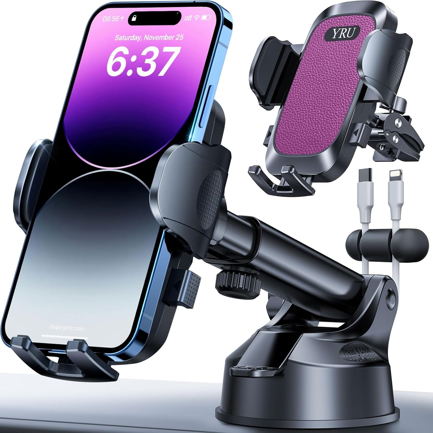 [2024 Upgrade 80LBS Strong Suction]YRU Car Phone Holder Mount,[Bumpy Road Stable]Dashboard Cell Phone Holder for Car Air Vent Windshield Phone Stand for iPhone 15 14 13 12 Pro Max Samsung Truck, Black