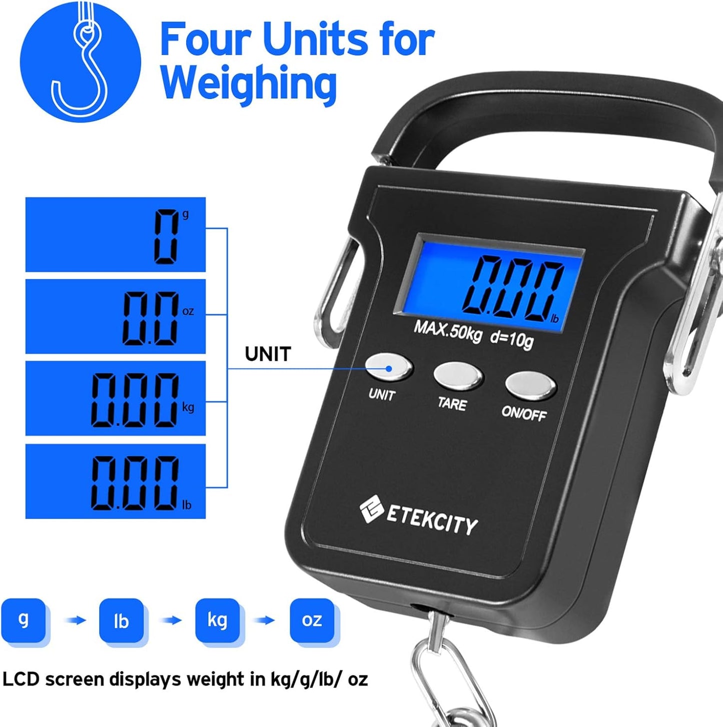 Etekcity Luggage Scale for Travel Essentials, Digital Suitcase Weight Scale with Hook, Portable Hanging Baggage Scale for Travel Accessories, 110 Pounds, Battery Included