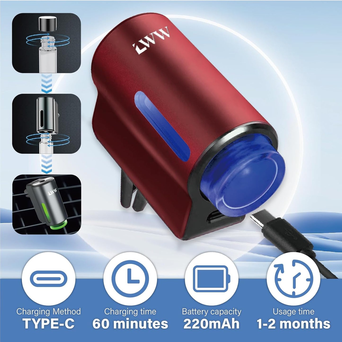Smart Car Air Freshener, 3 Levels of Adjustable Intensity, Aroma Rechargeable Aroma Diffuser, Adjustable Aroma Diffuser, 220mAh Built-in， Fresh Intense Ocean Perfume