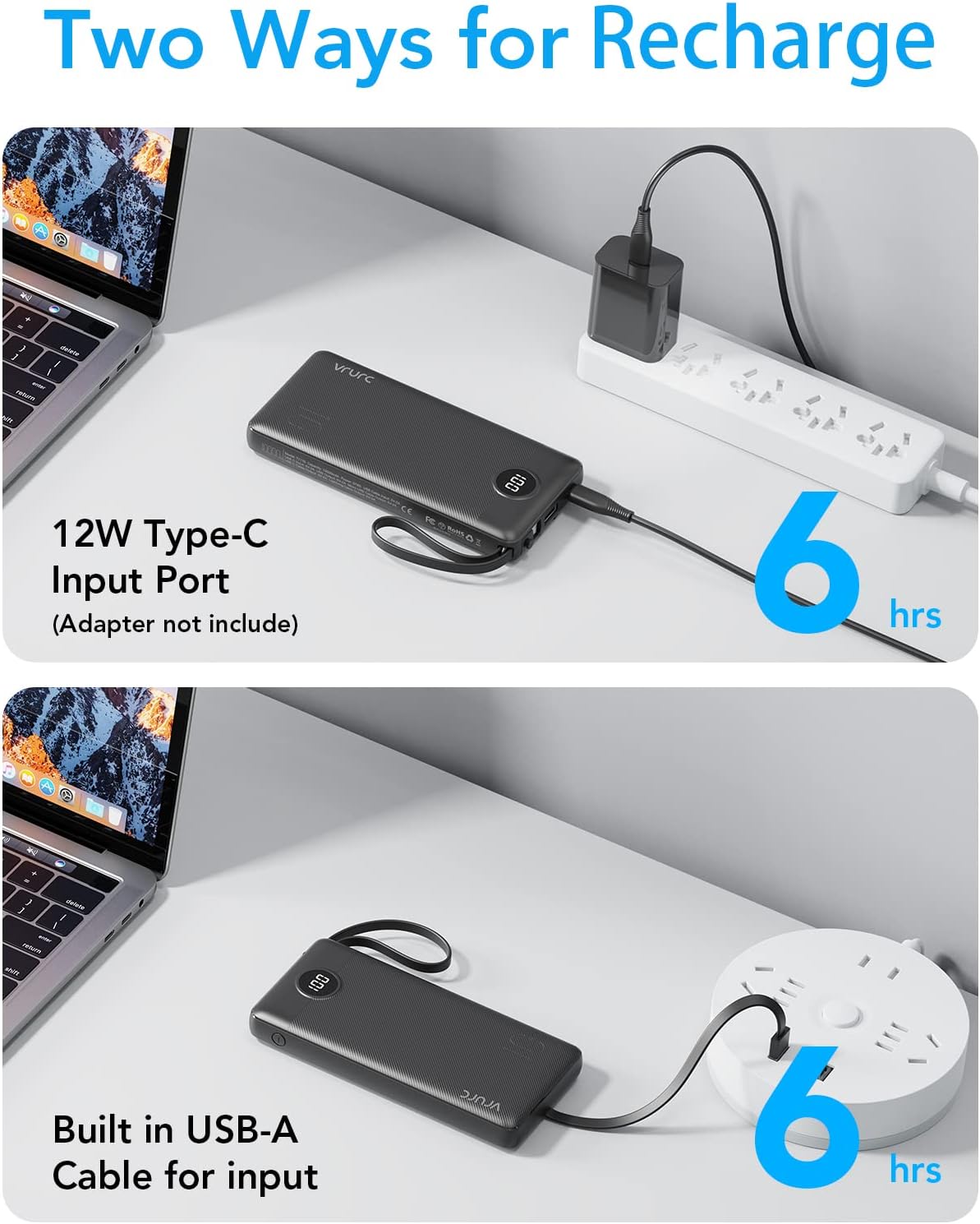 VRURC 10000mAh Power Bank Built-in Cables, Portable Charger with LED Display, Slim Travel Battery Pack with Cords, 5 Output Dual Input Phone Charger for Cell Phone Smart Devcies-Blue(1 Pack)