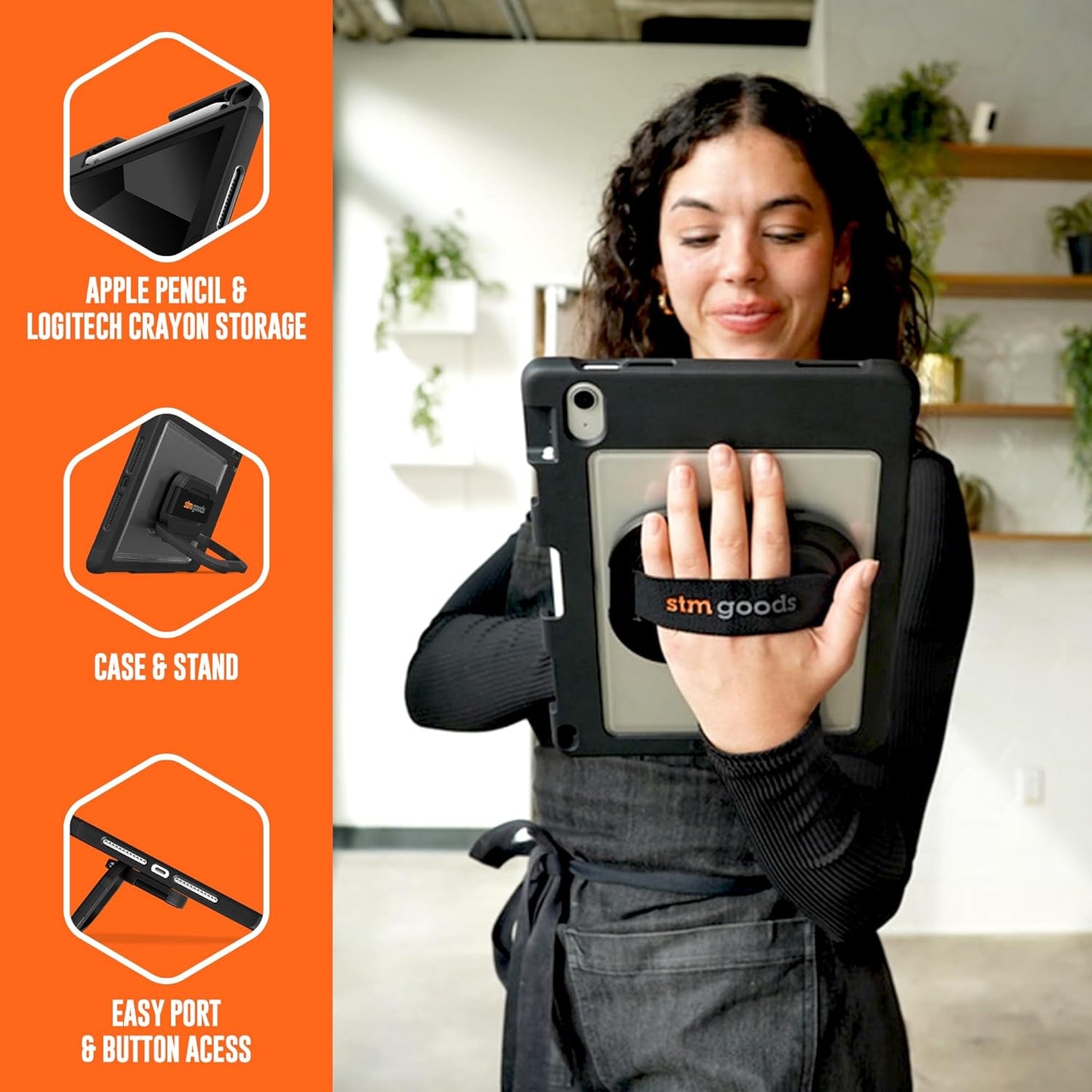 STM Dux Swivel Case for iPad 10th Gen - 360° Rotating Stand with Hand Strap, Rugged Protection, Apple Pencil Storage, and Clear Back - Perfect for Frontline and Service Workers - Black.