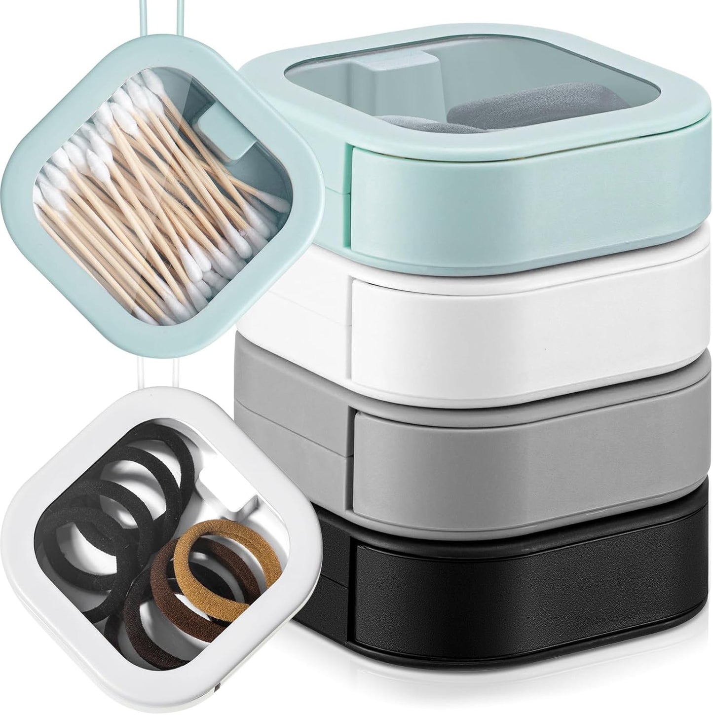 Kathfly 4 Pcs White Hair Tie Organizer Portable Hair Accessory Storage Containers Stackable Hair Tie Bobby Pin Holder Home Cotton Swab Dispenser Hair Accessories Jewelry Organizer Box