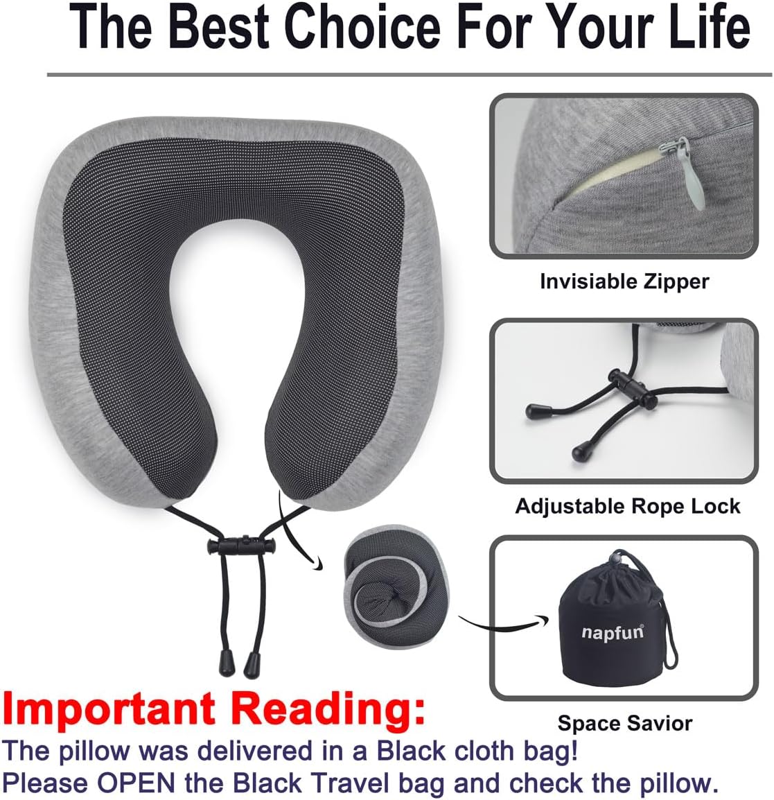 napfun Neck Pillow for Traveling, Upgraded Travel Neck Pillow for Airplane 100% Pure Memory Foam Travel Pillow for Flight Headrest Sleep, Portable Plane Accessories, Striped Black