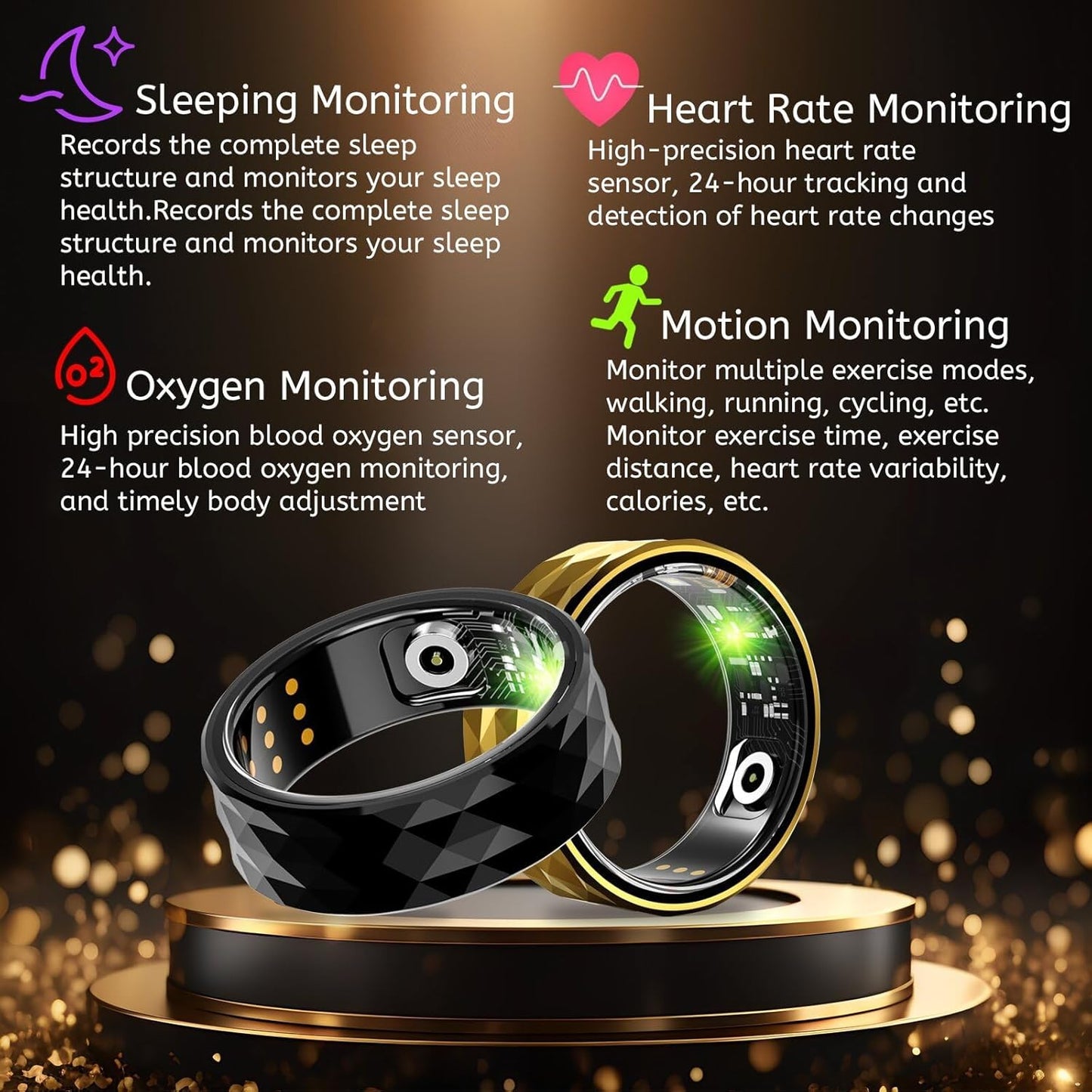 Smart Ring,Fitness Tracker Ring for Men/Women,Monitoring of Pedometer,Heart Rate,Blood Oxygen,Sleep Tracker,No App Subscription,Compatible with Android and iOS (Black,9#)