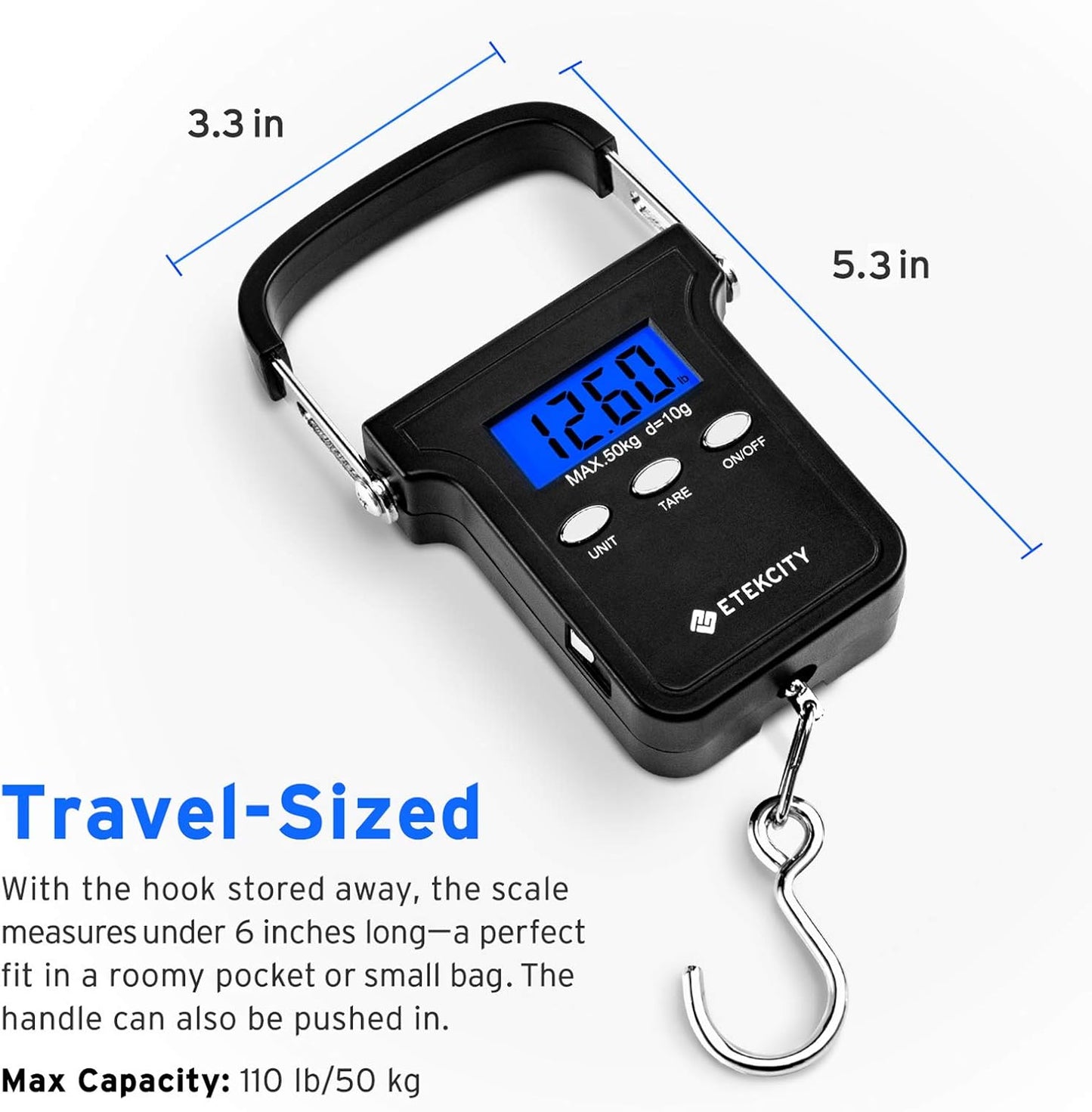 Etekcity Luggage Scale for Travel Essentials, Digital Suitcase Weight Scale with Hook, Portable Hanging Baggage Scale for Travel Accessories, 110 Pounds, Battery Included