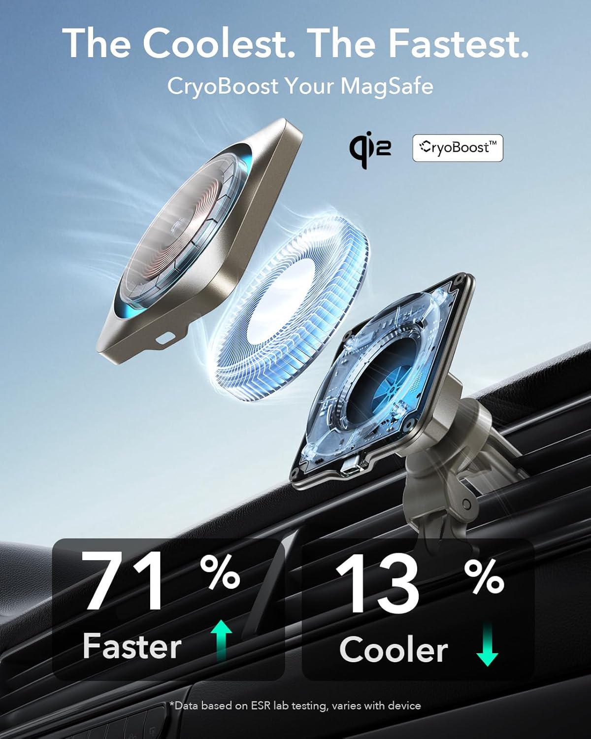ESR for Qi2-Certified 15W MagSafe Car Mount Charger with CryoBoost, Phone Cooling MagSafe Car Charger, Air Vent/Dashboard Wireless Car Charger for iPhone 16/15/14/13/12, Fast Charger, Black