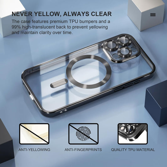 Misea Magnetic for iPhone 15 Pro Max Case with MagSafe [Never Yellowing] [Military Grade Drop Protection] Full Camera Lens Protector Plating Soft Clear Phone Case for Women Girls, Gold