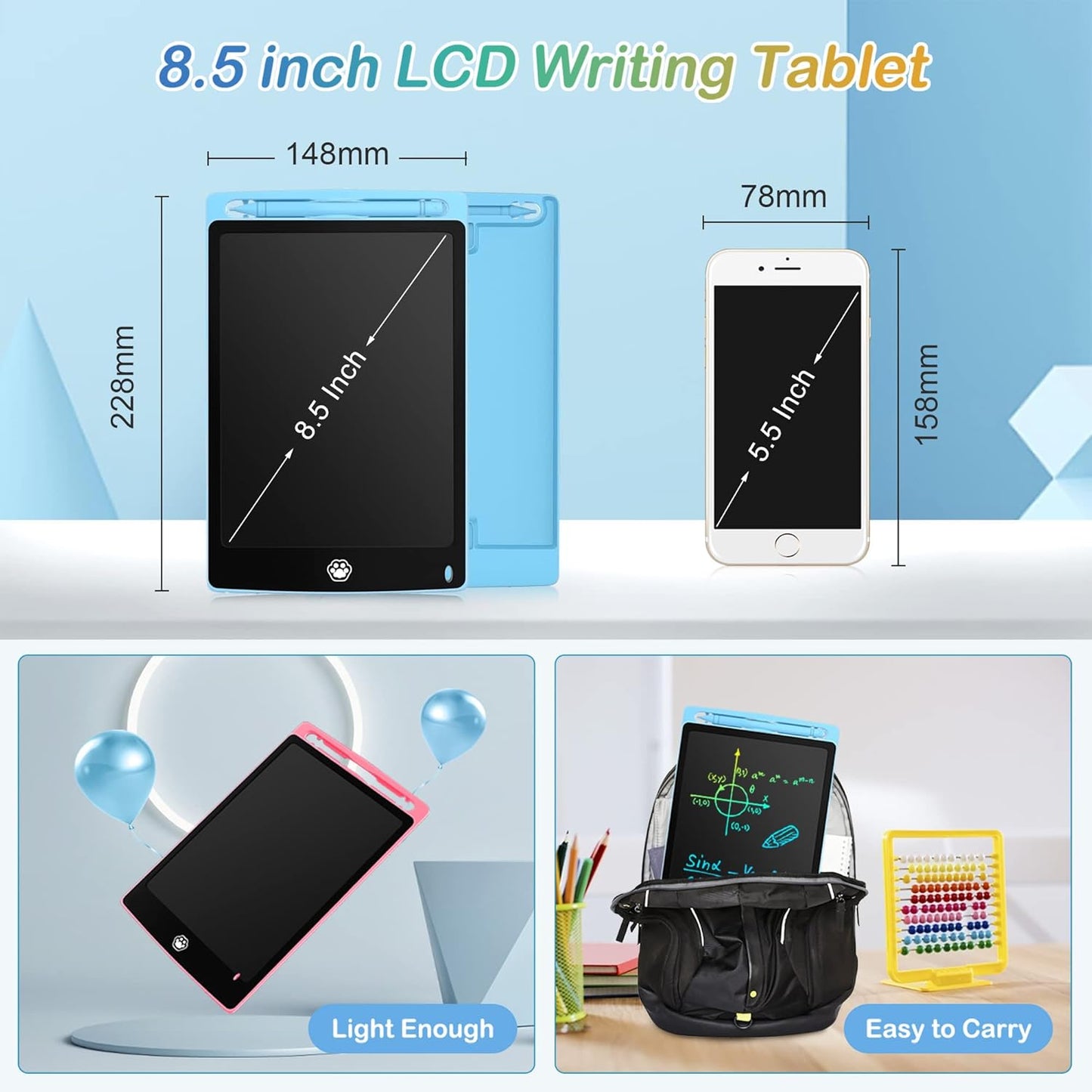 2 Pack LCD Writing Tablet, Electronic Drawing Writing Board, Erasable Drawing Doodle Board, Doodle Pad Toys for Kids Adults Learning &amp; Education, 8.5IN(Blue Pink)